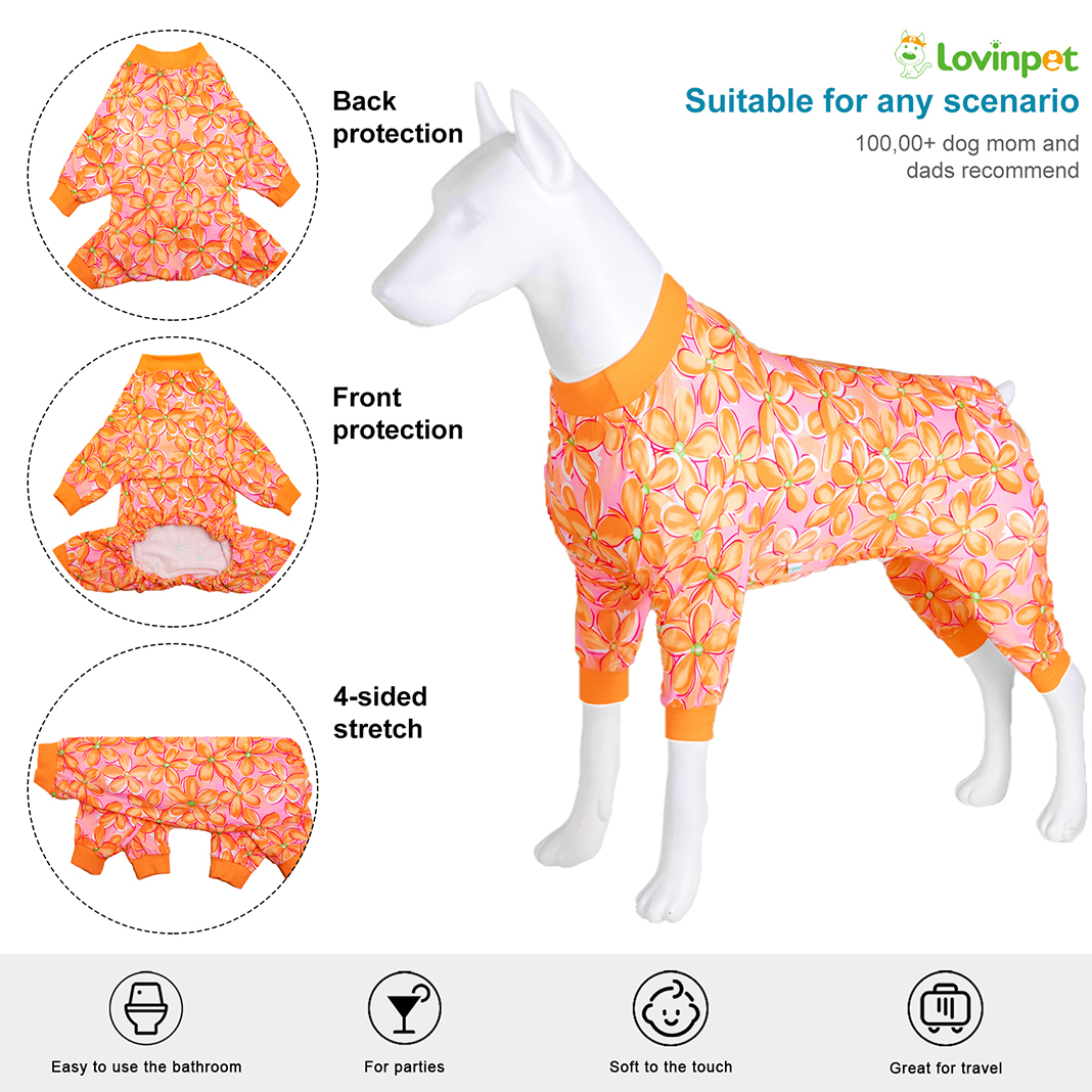 LovinPet Large Dog Pajama - Vibrant Orange & Pink Floral Print Pajamas for Large Dogs