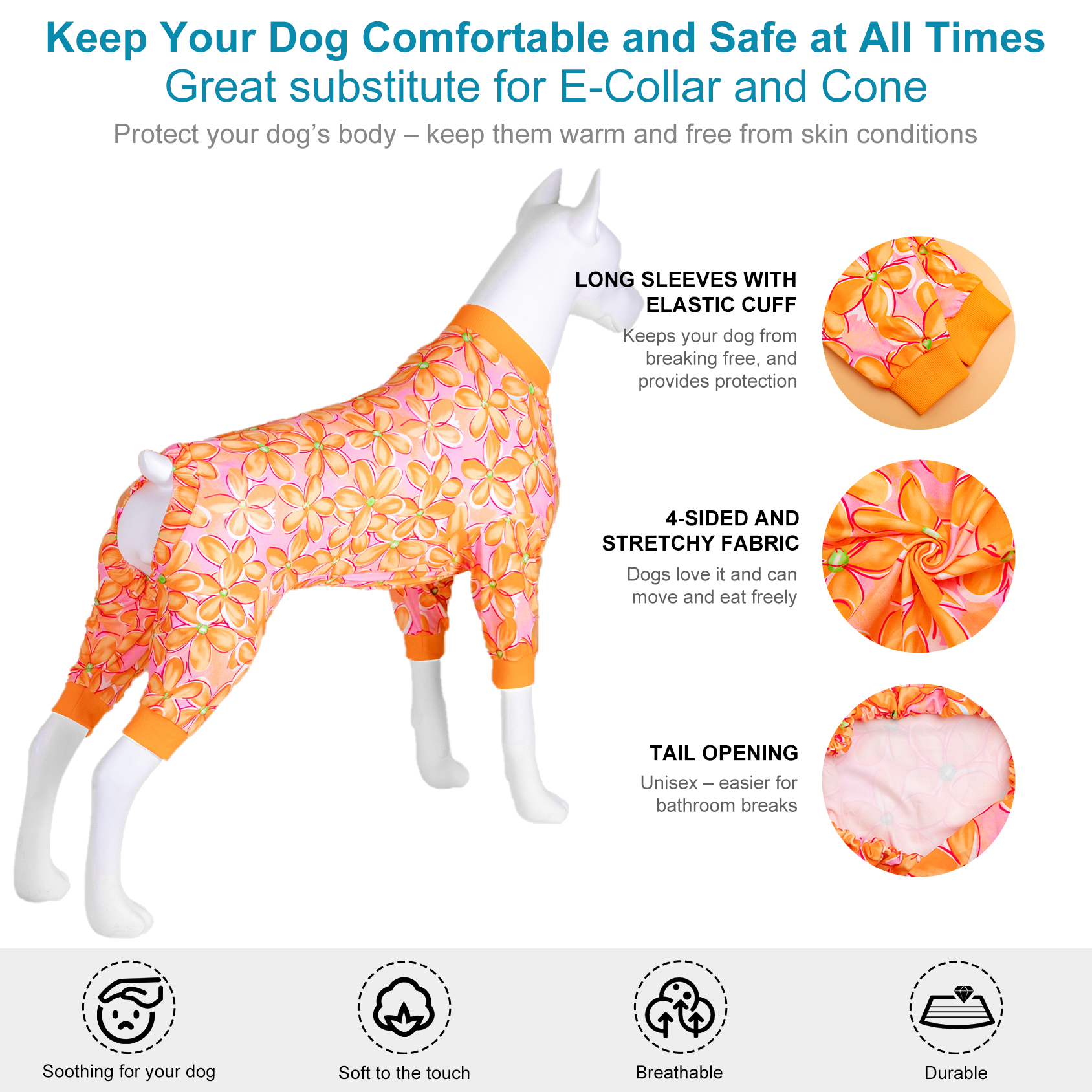 LovinPet Large Dog Pajama - Vibrant Orange & Pink Floral Print Pajamas for Large Dogs