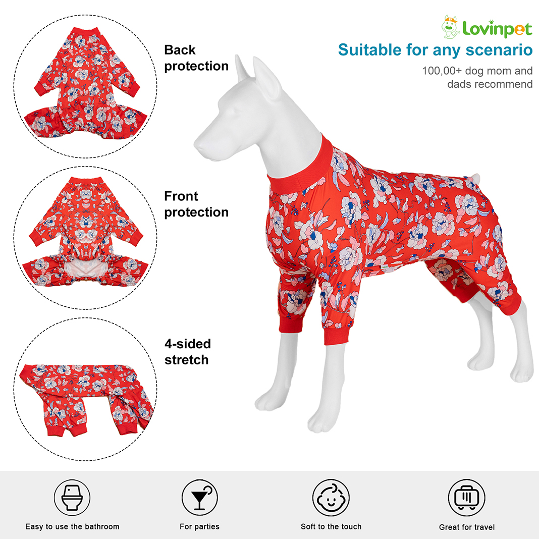 LovinPet Large Dog Pajama - Red Floral Elegance Pajamas for Big Dogs