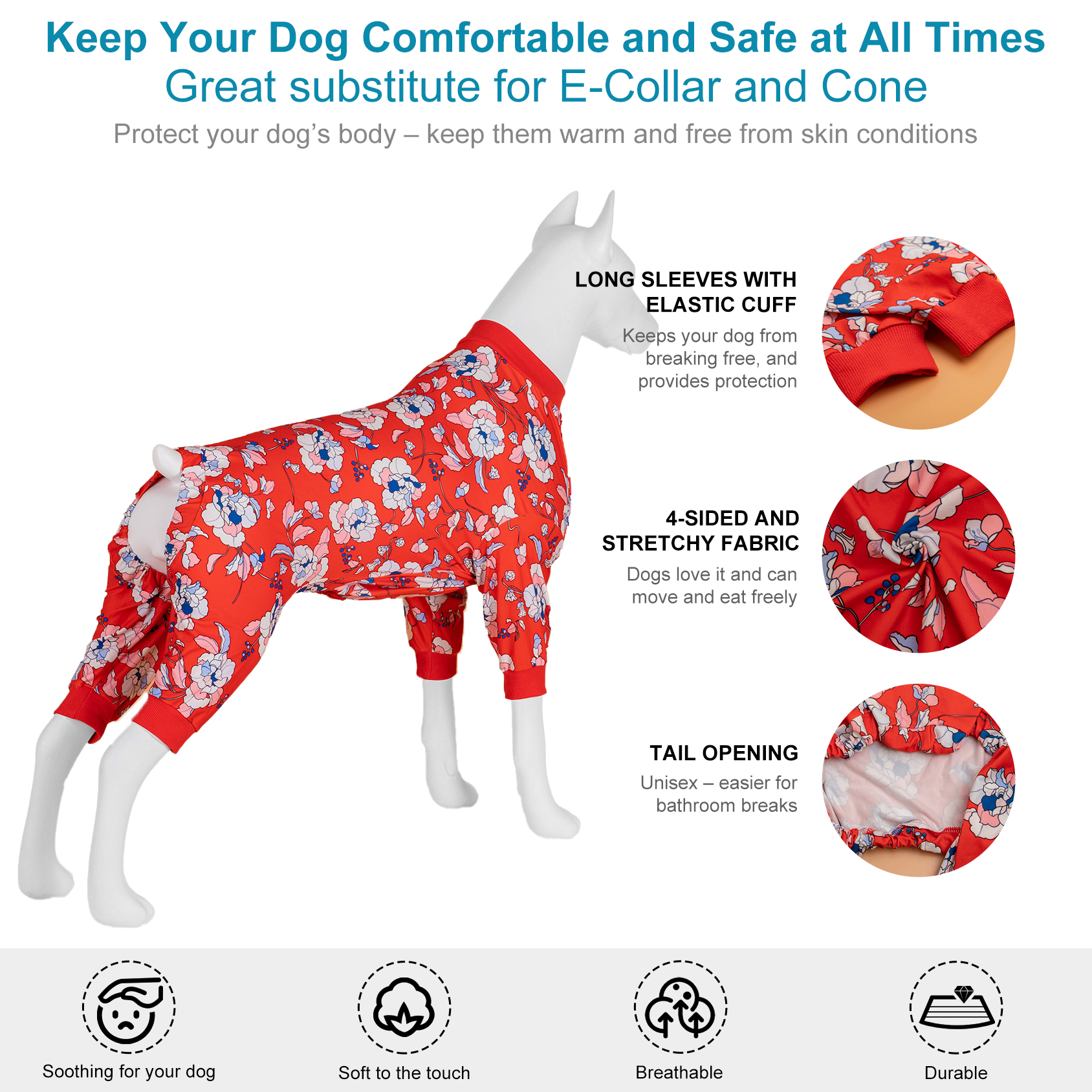 LovinPet Large Dog Pajama - Red Floral Elegance Pajamas for Big Dogs