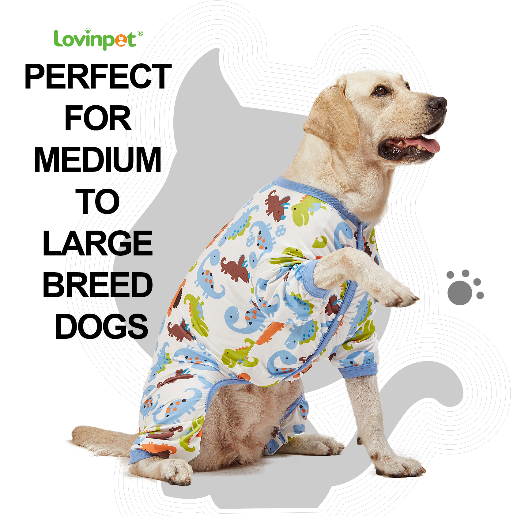 LovinPet Big Dog Pajama Onesie - Jurassic Dinosaur Pattern