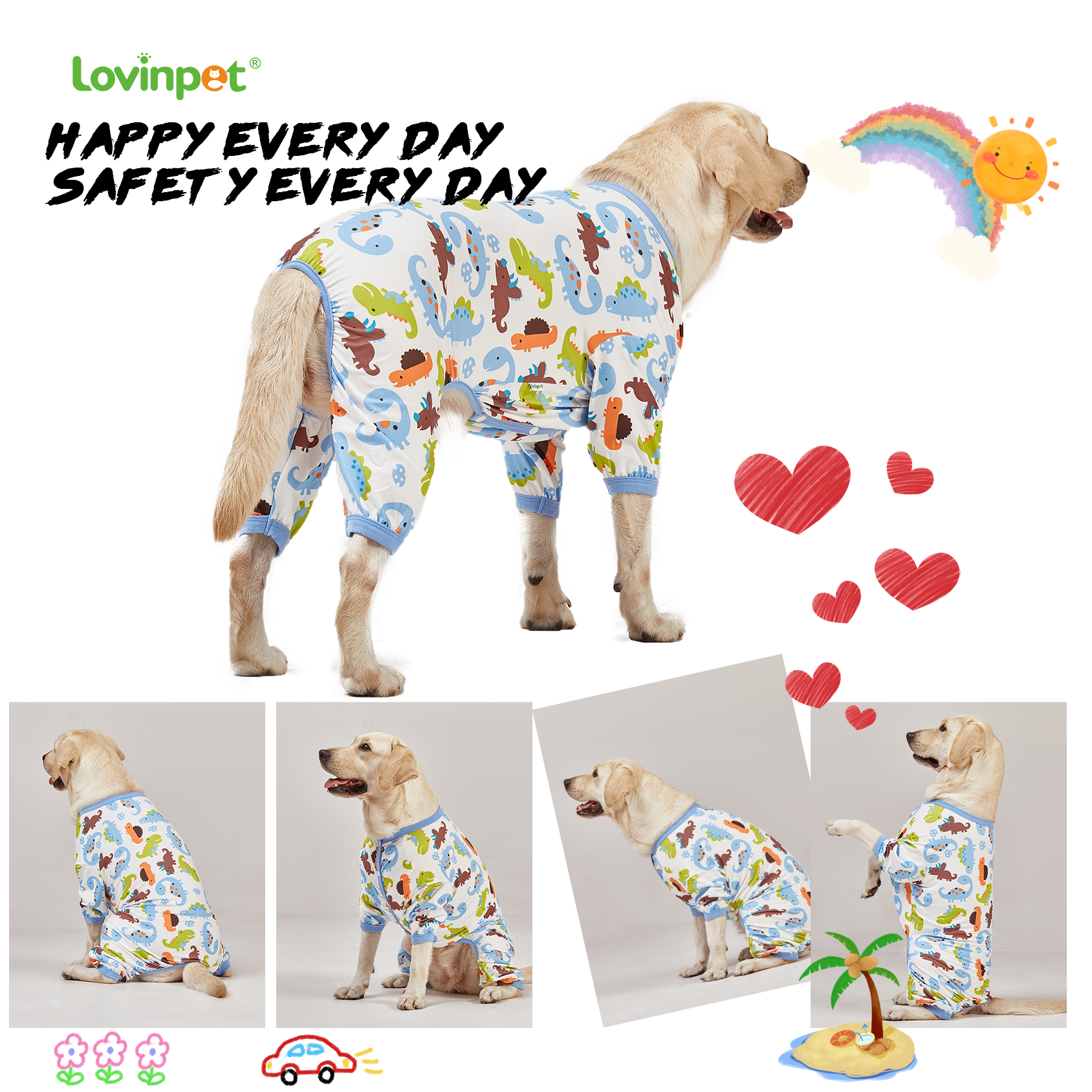 LovinPet Big Dog Pajama Onesie - Jurassic Dinosaur Pattern