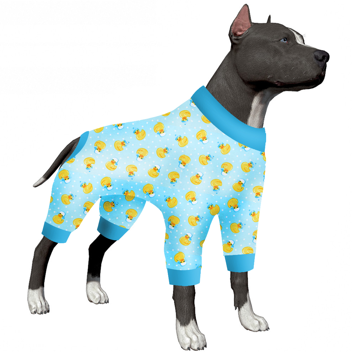 LovinPet Large Dog Pajama - Cute Duck Print with Blue Trim