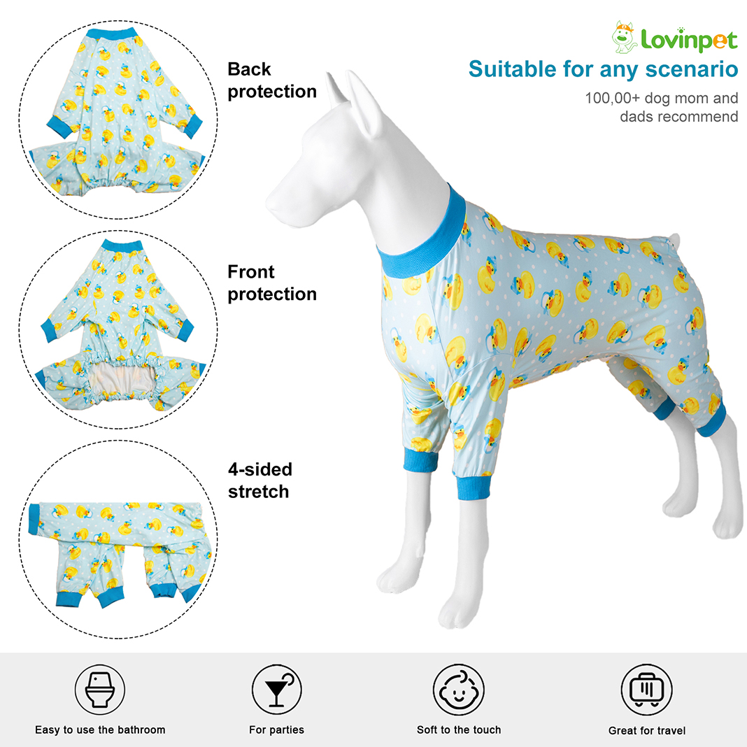 LovinPet Large Dog Pajama - Cute Duck Print with Blue Trim