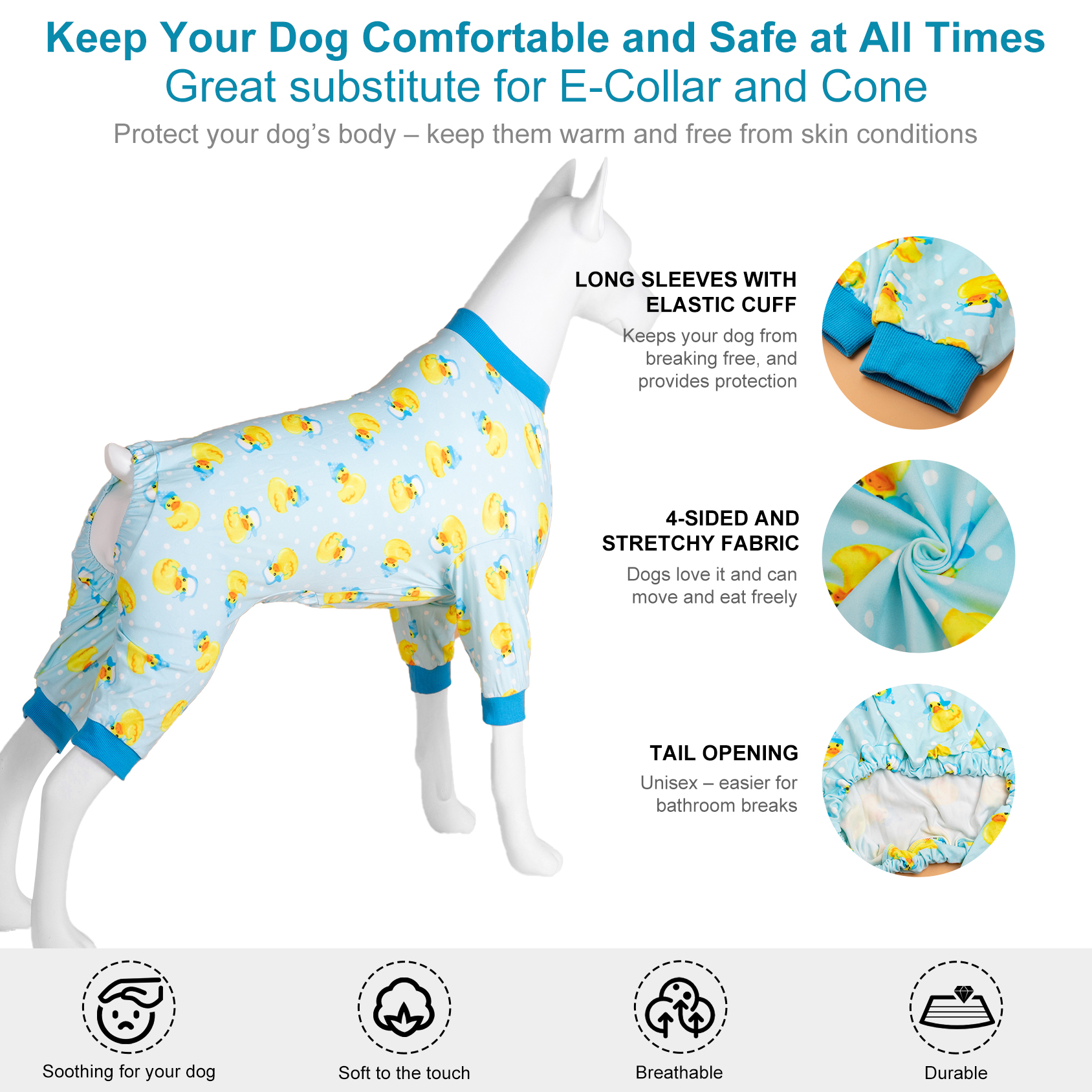 LovinPet Large Dog Pajama - Cute Duck Print with Blue Trim