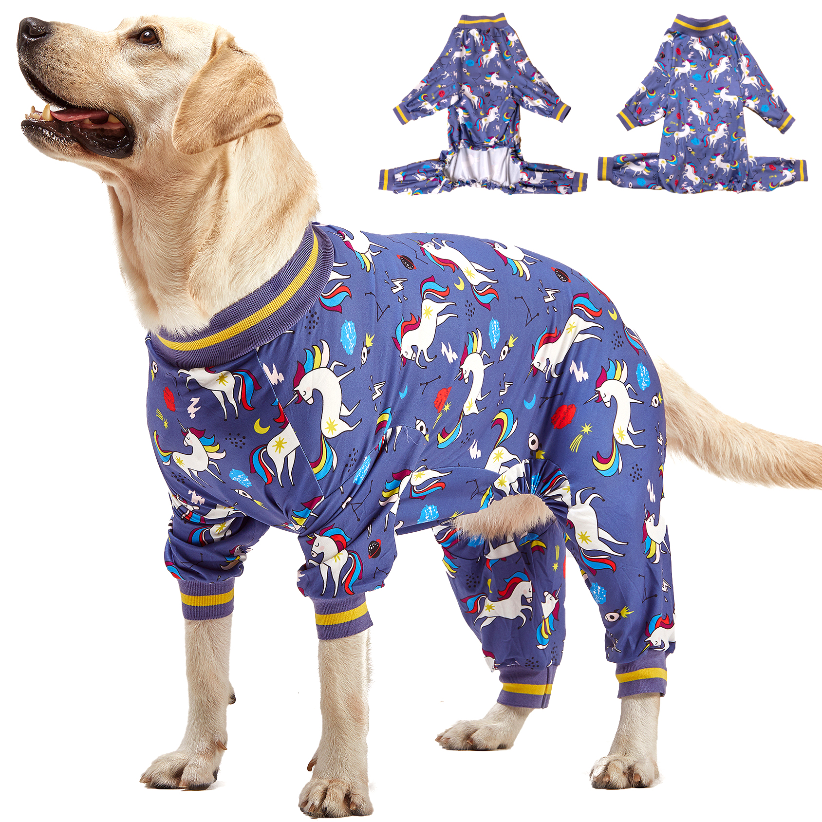 LovinPet Large Dog Pajama - Fun Unicorn and Rainbow Design on Blue