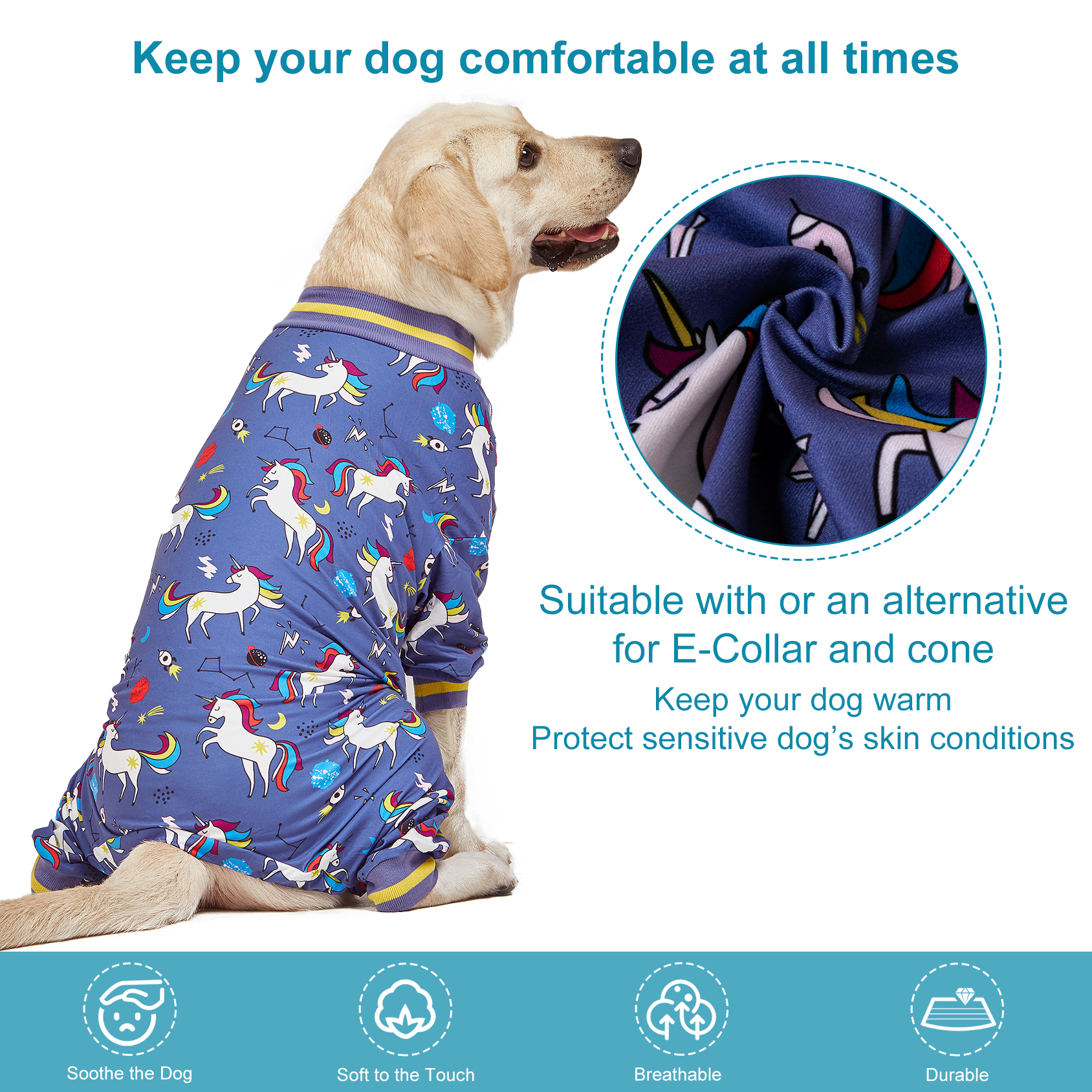 LovinPet Large Dog Pajama - Fun Unicorn and Rainbow Design on Blue