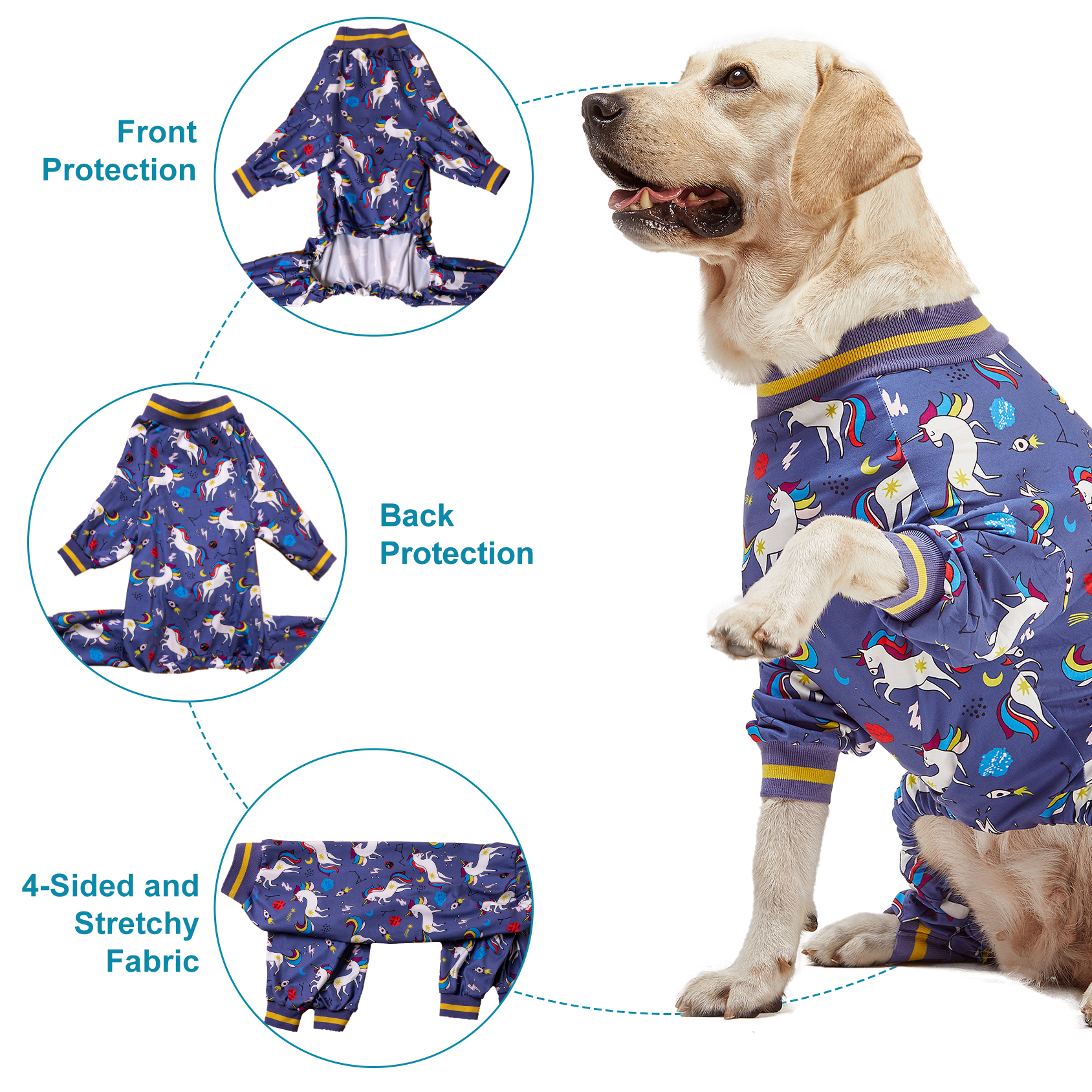 LovinPet Large Dog Pajama - Fun Unicorn and Rainbow Design on Blue
