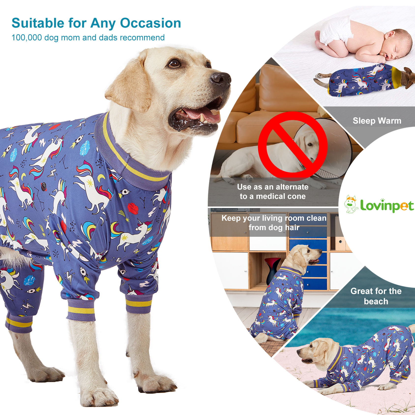 LovinPet Large Dog Pajama - Fun Unicorn and Rainbow Design on Blue
