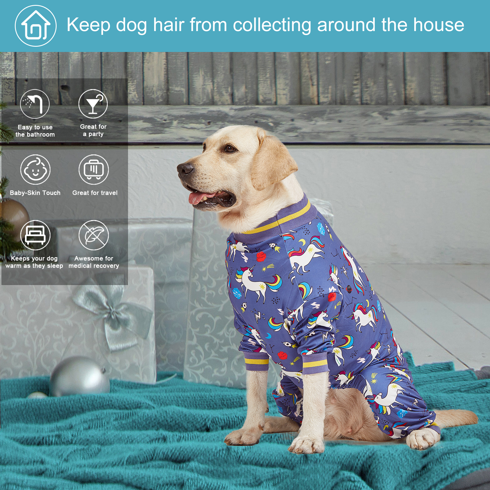 LovinPet Large Dog Pajama - Fun Unicorn and Rainbow Design on Blue