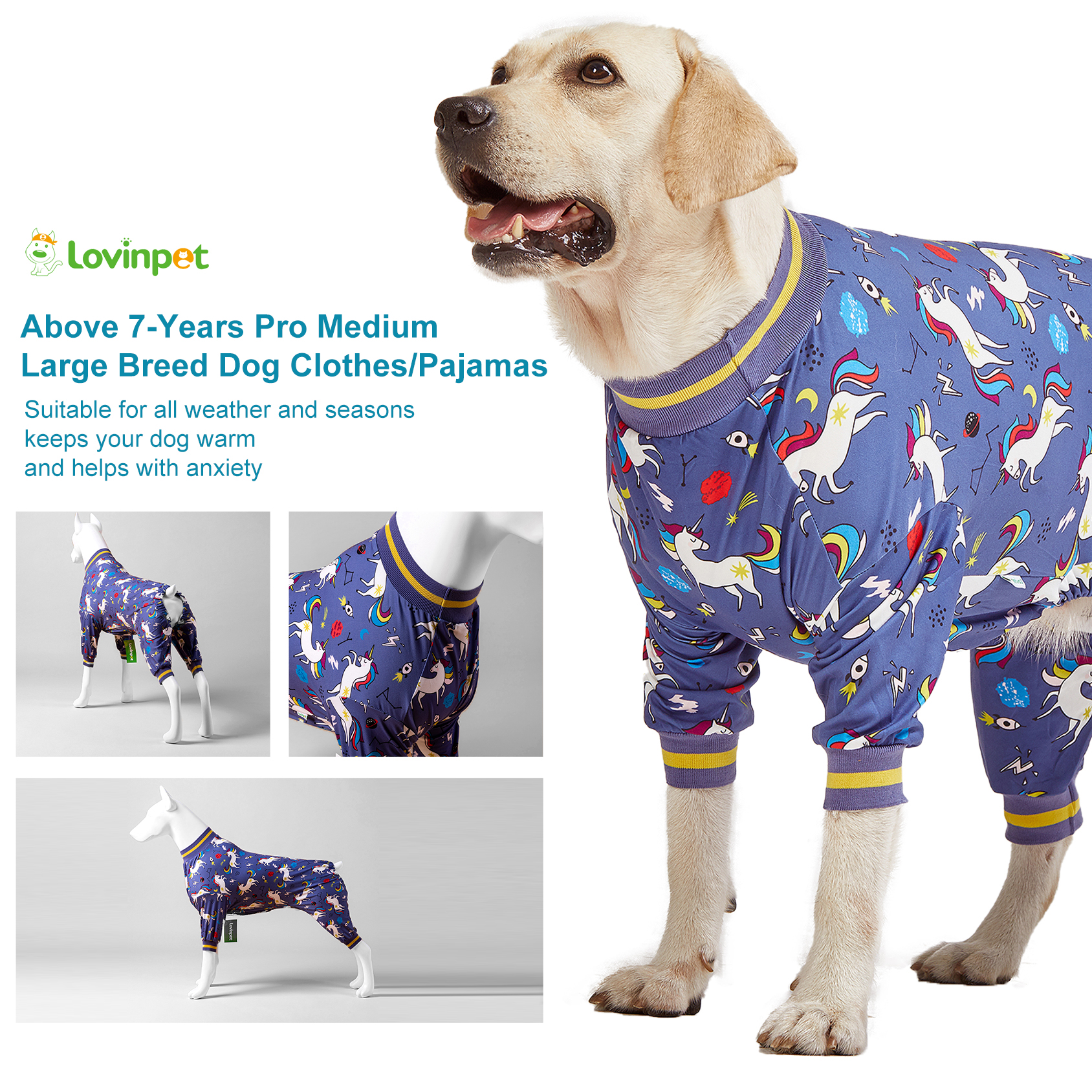 LovinPet Large Dog Pajama - Fun Unicorn and Rainbow Design on Blue