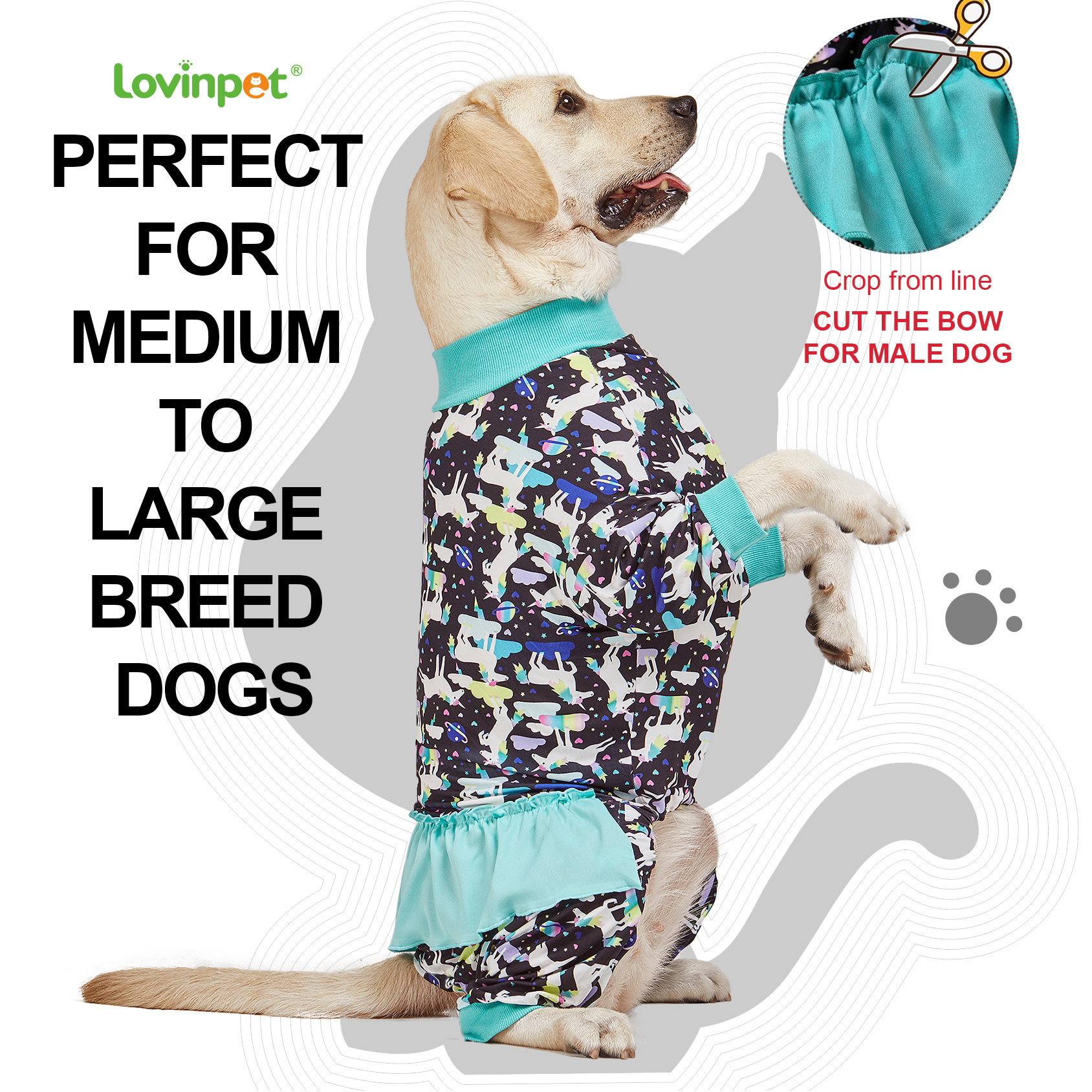 LovinPet Large Dog Pajamas Onesie - Fantasy Unicorn Design with Skirt for Big Breeds