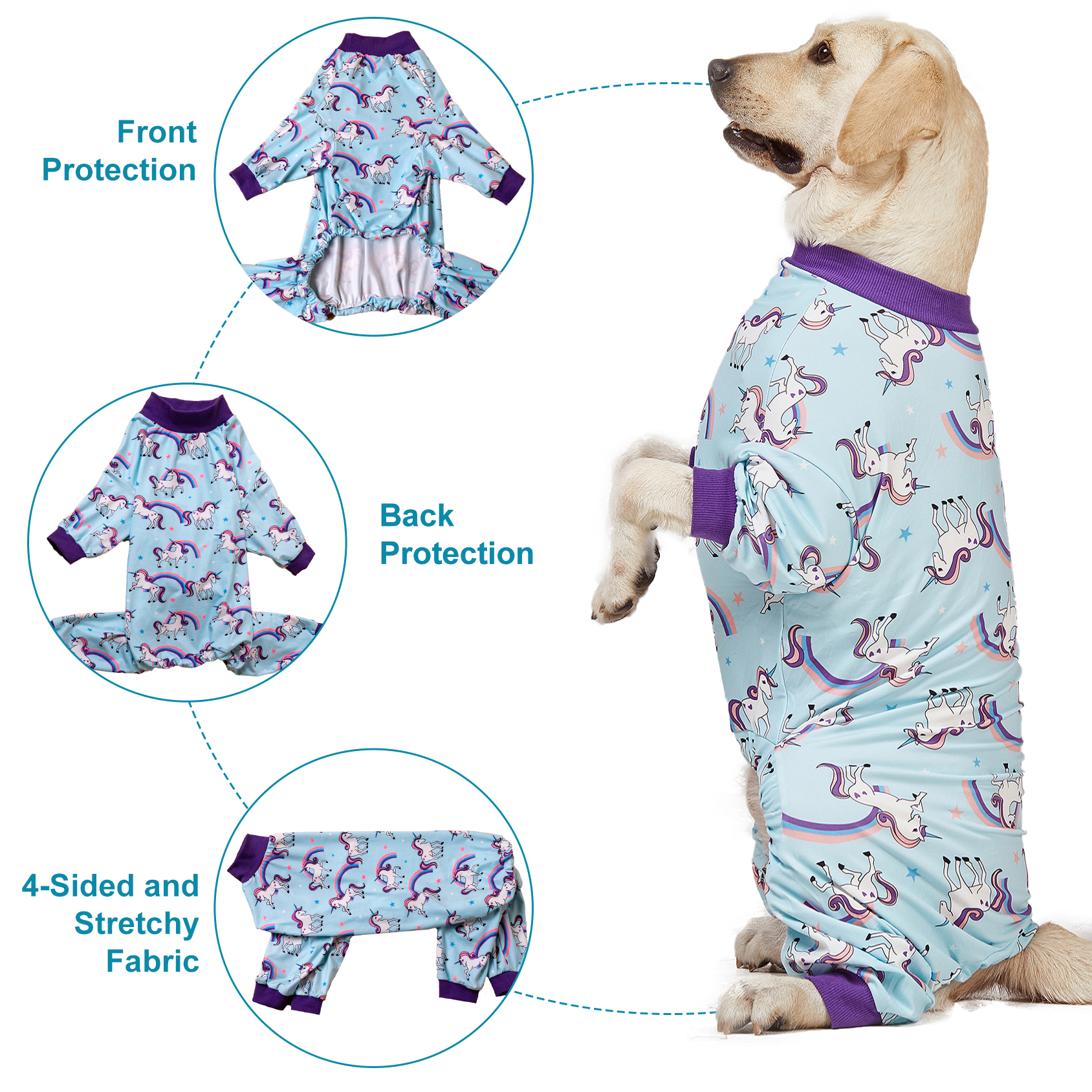 LovinPet Big Dog Pajama Onesie - Blue Rainbow Unicorn Pattern