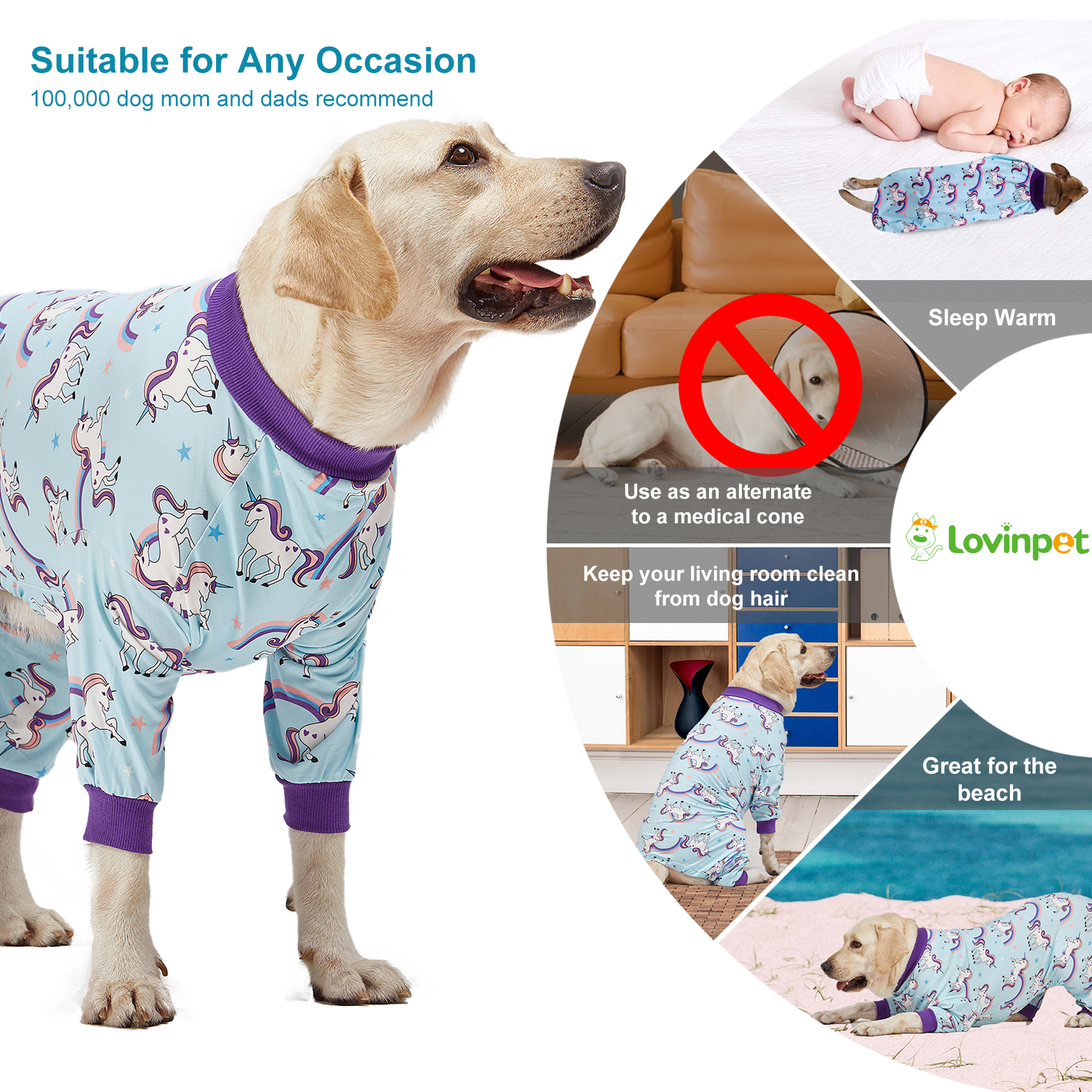 LovinPet Big Dog Pajama Onesie - Blue Rainbow Unicorn Pattern