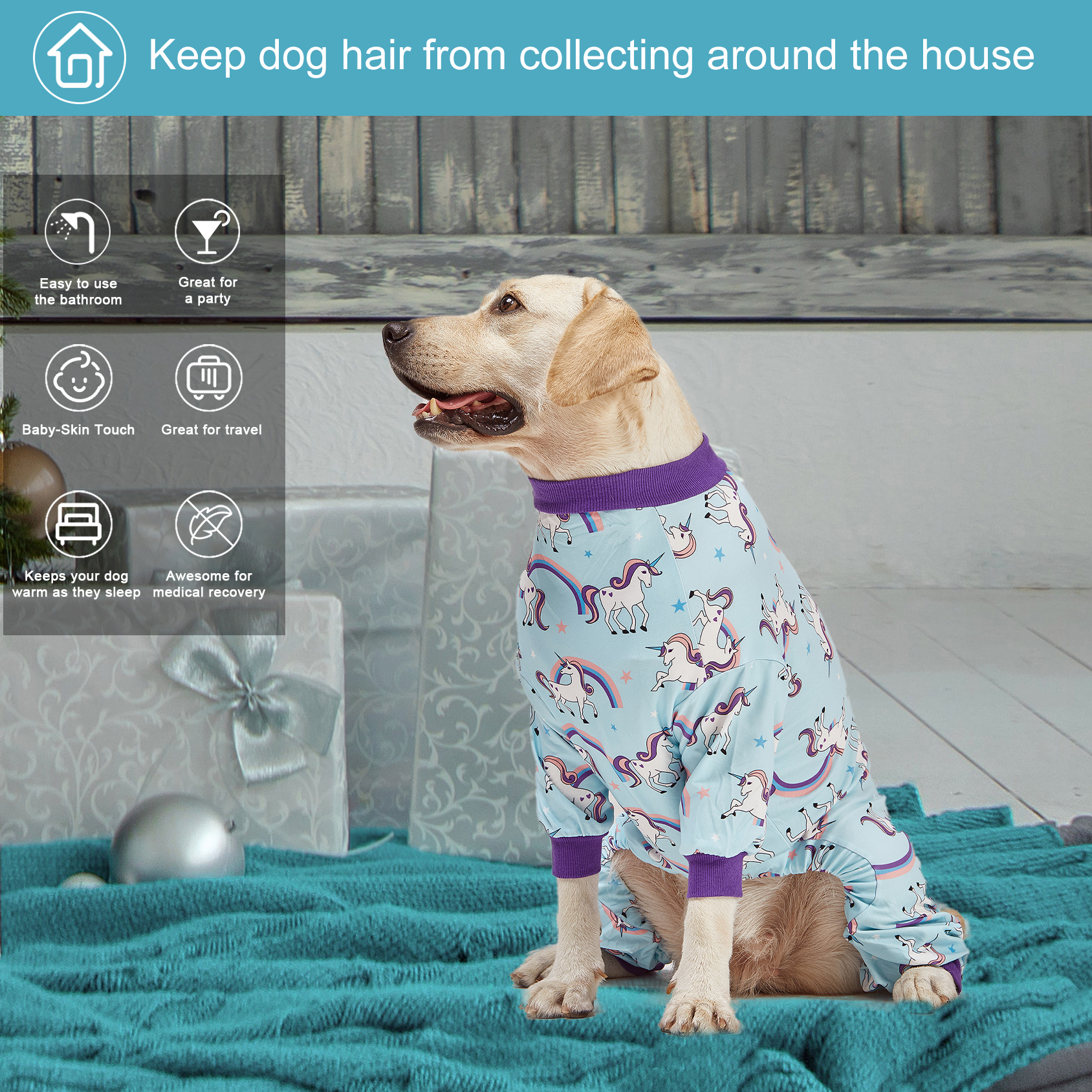 LovinPet Big Dog Pajama Onesie - Blue Rainbow Unicorn Pattern