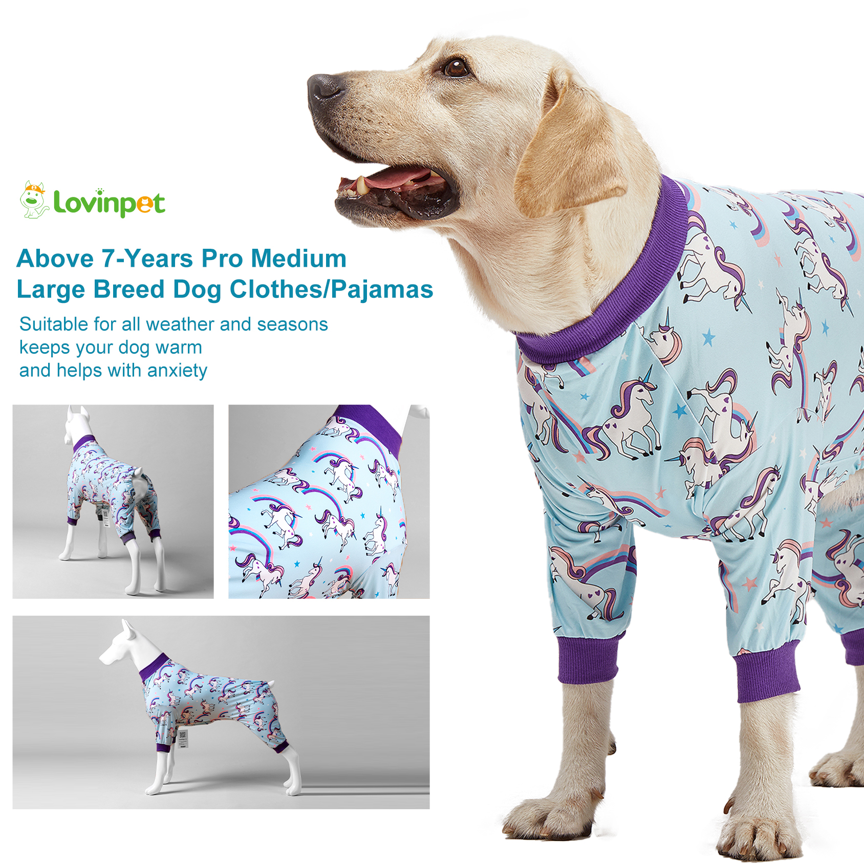 LovinPet Big Dog Pajama Onesie - Blue Rainbow Unicorn Pattern