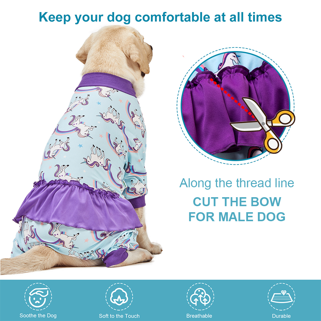 LovinPet Large Dog Pajama - Magical Unicorn Print with Purple Ruffles
