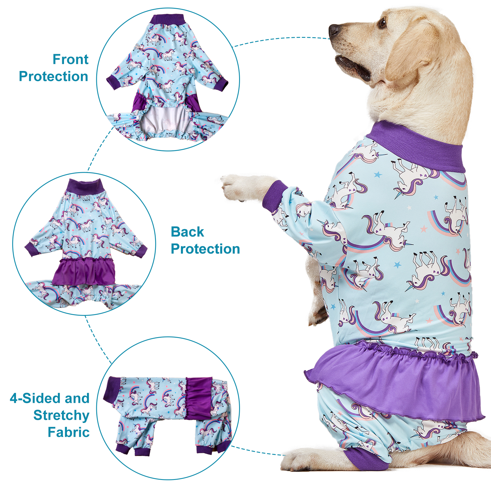 LovinPet Large Dog Pajama - Magical Unicorn Print with Purple Ruffles