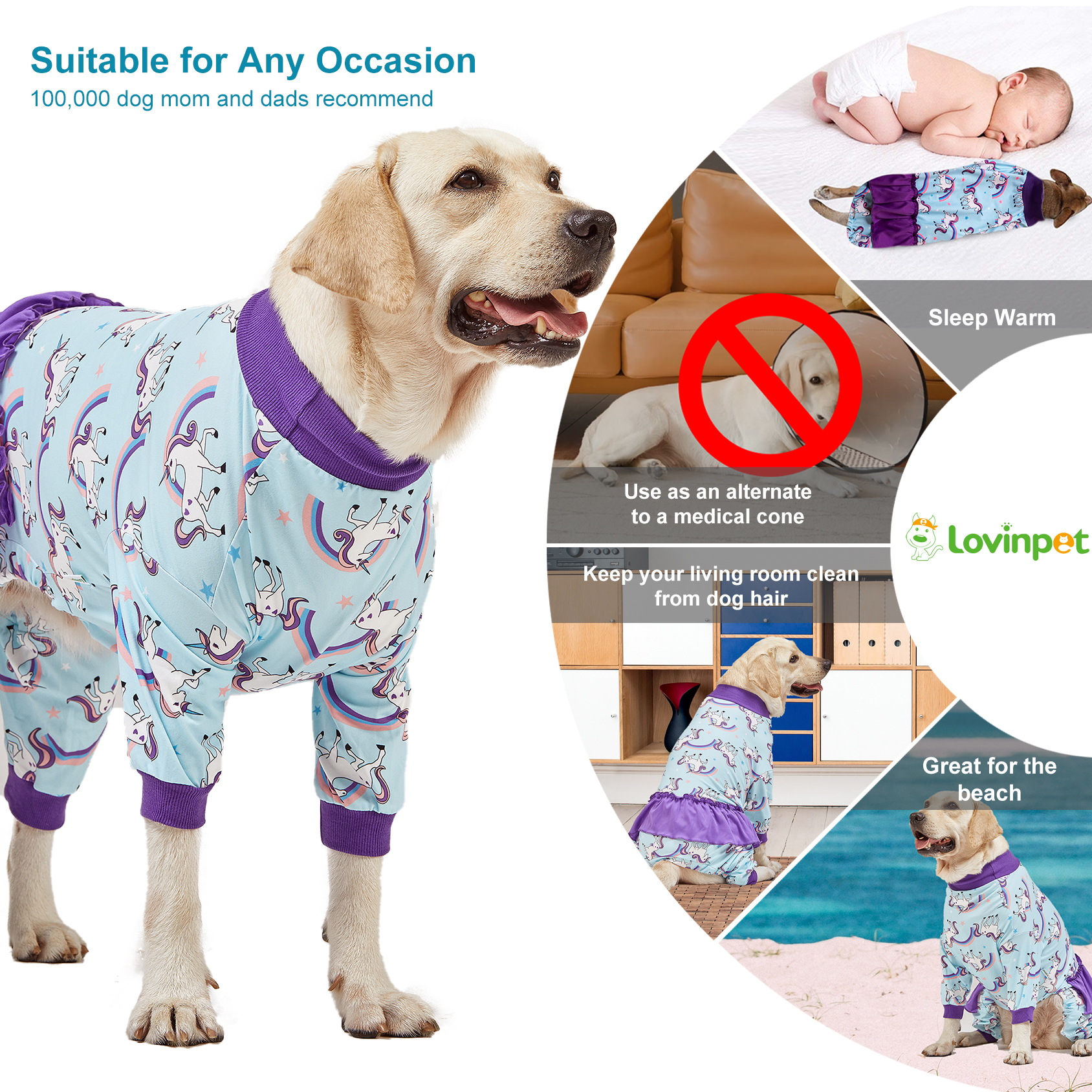 LovinPet Large Dog Pajama - Magical Unicorn Print with Purple Ruffles