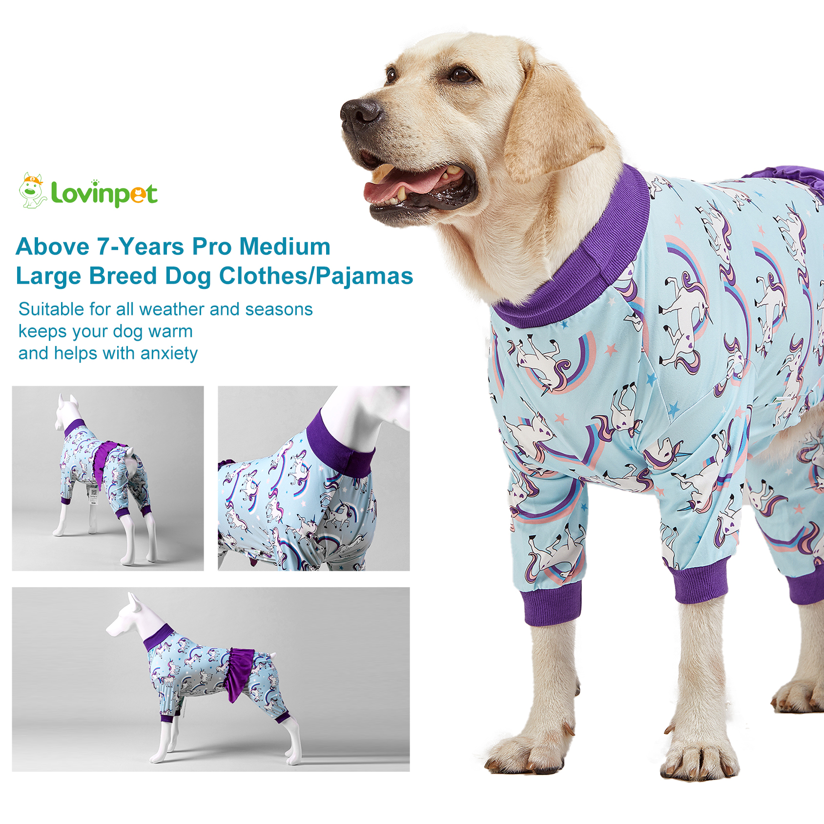 LovinPet Large Dog Pajama - Magical Unicorn Print with Purple Ruffles