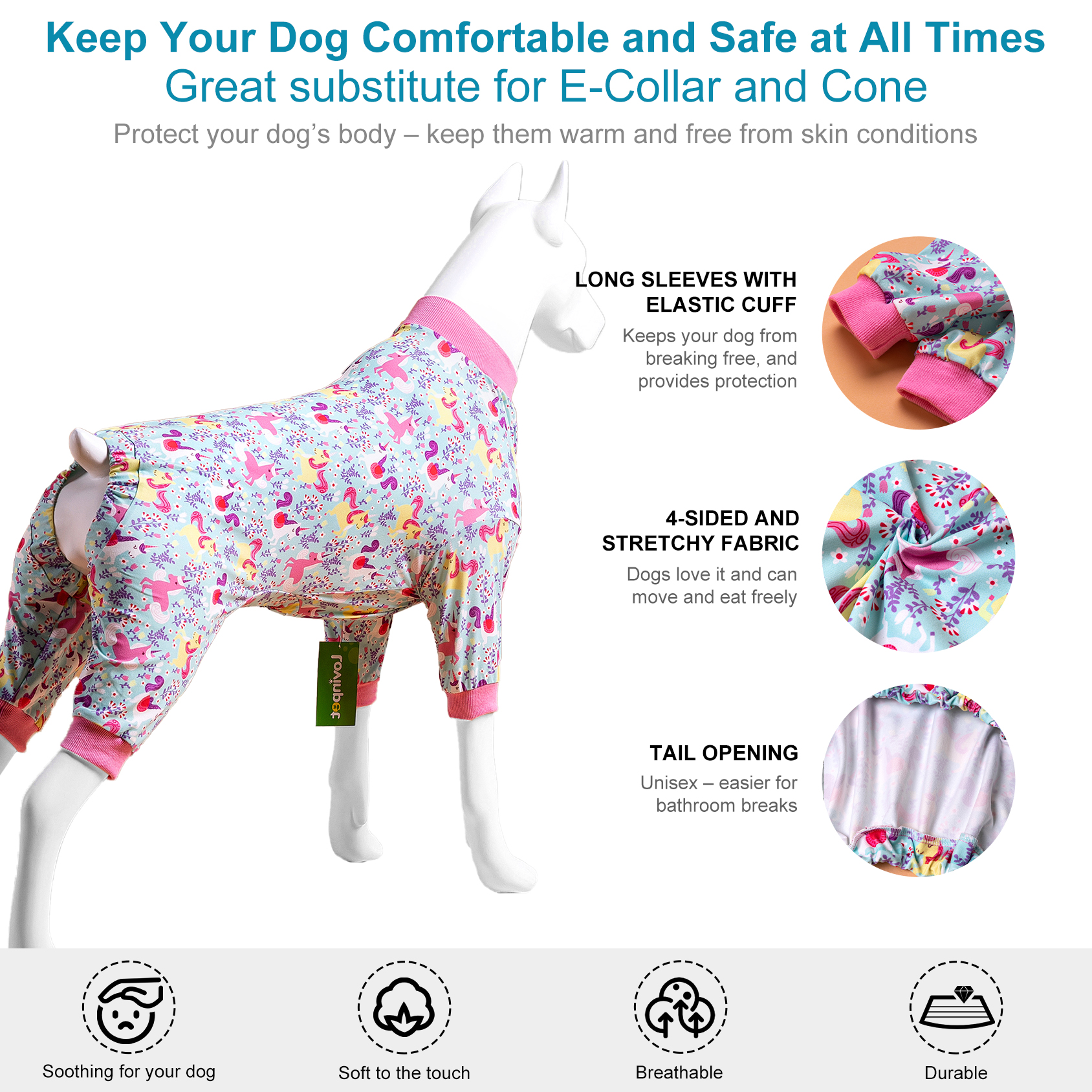 LovinPet Dog Knee Surgery Onesie - Pink Unicorn Design