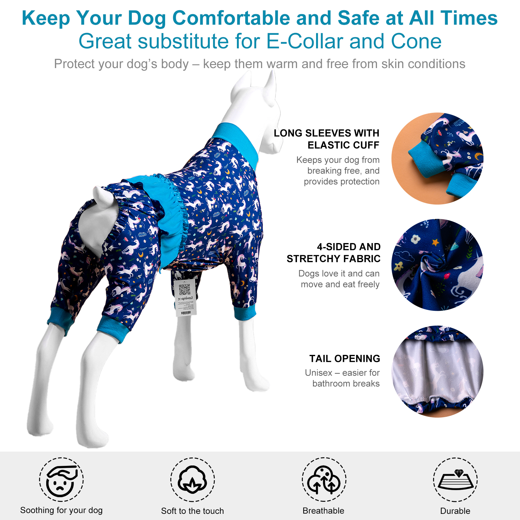 LovinPet Large Dog Pajama - Unicorn-Themed Pajamas with Light Blue Frill for Big Dogs