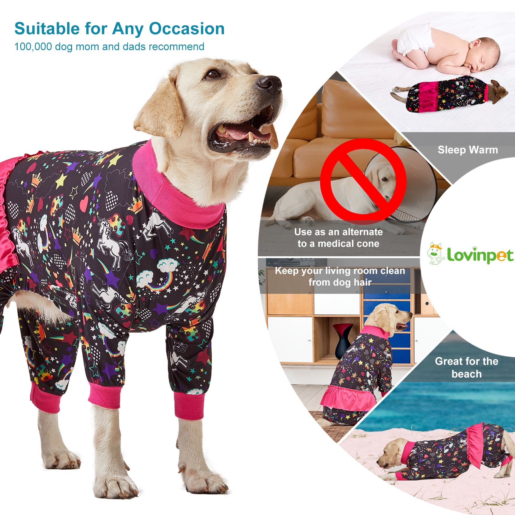 LovinPet Big Dog Pajama Onesie - Whimsical Unicorn and Star Pattern