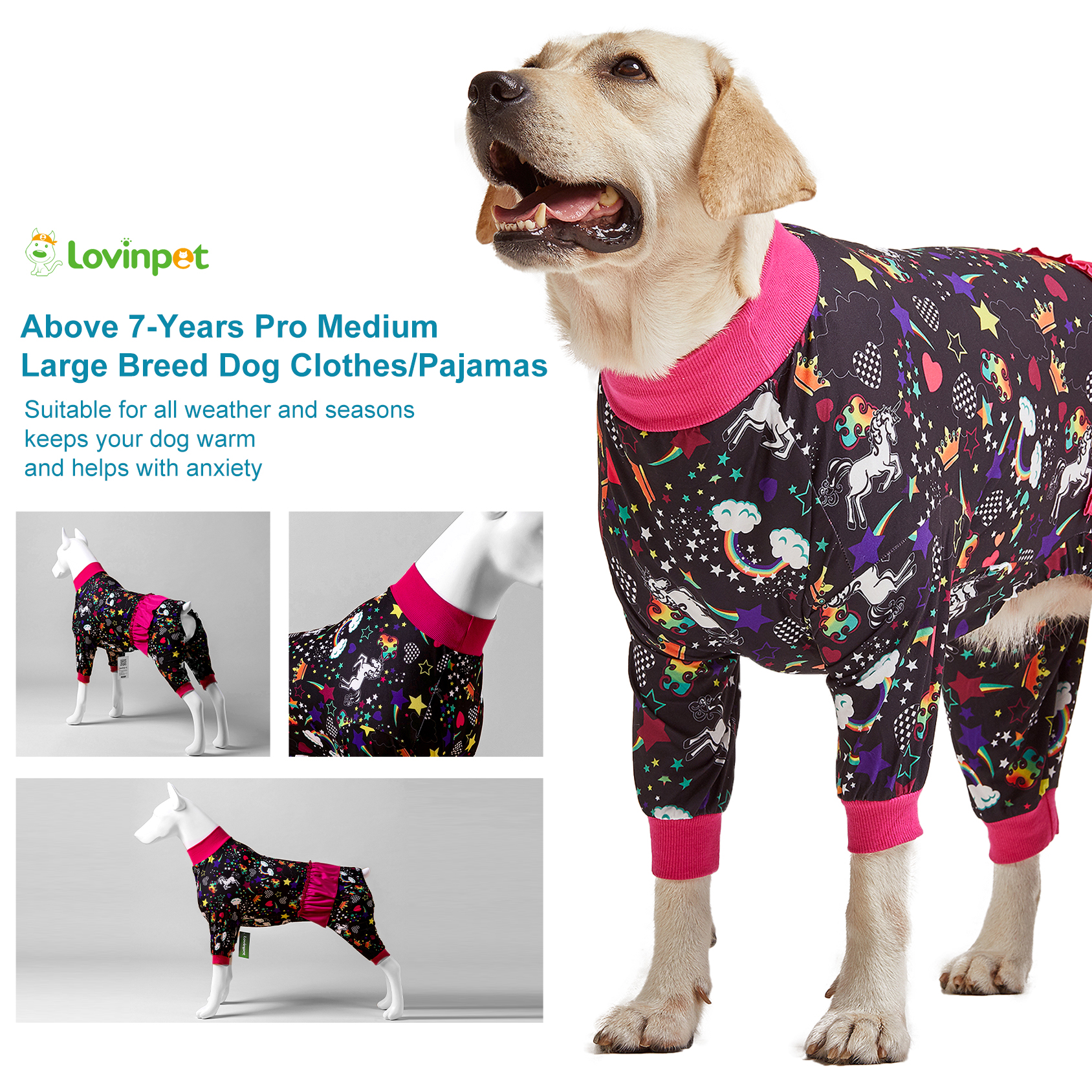LovinPet Big Dog Pajama Onesie - Whimsical Unicorn and Star Pattern