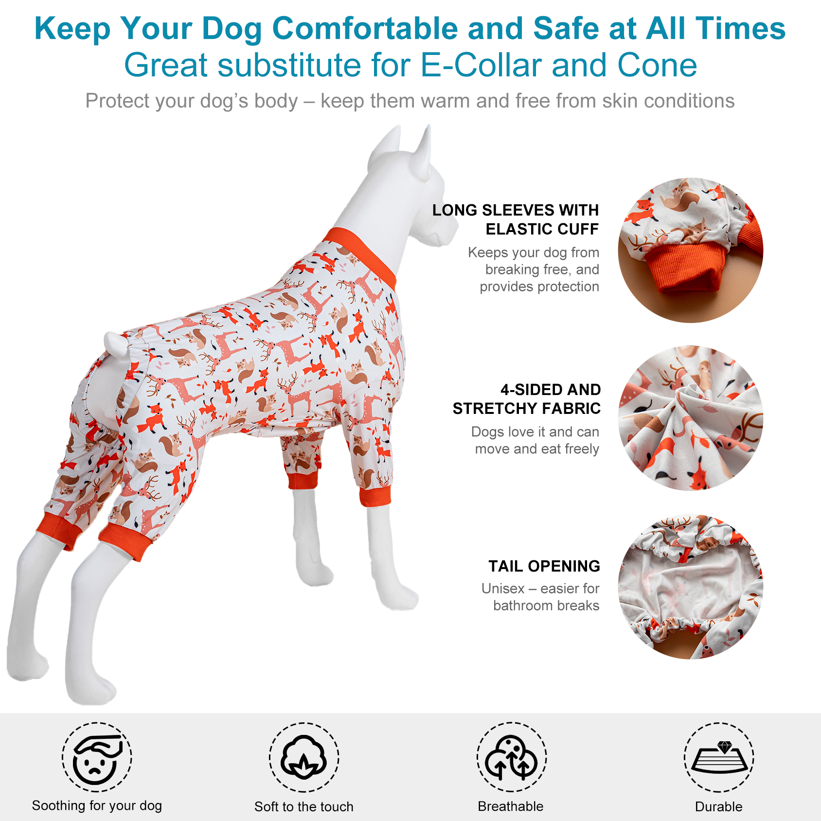 LovinPet Woodland Animal Print Pajama for Large Dogs - Deer and Fox Design