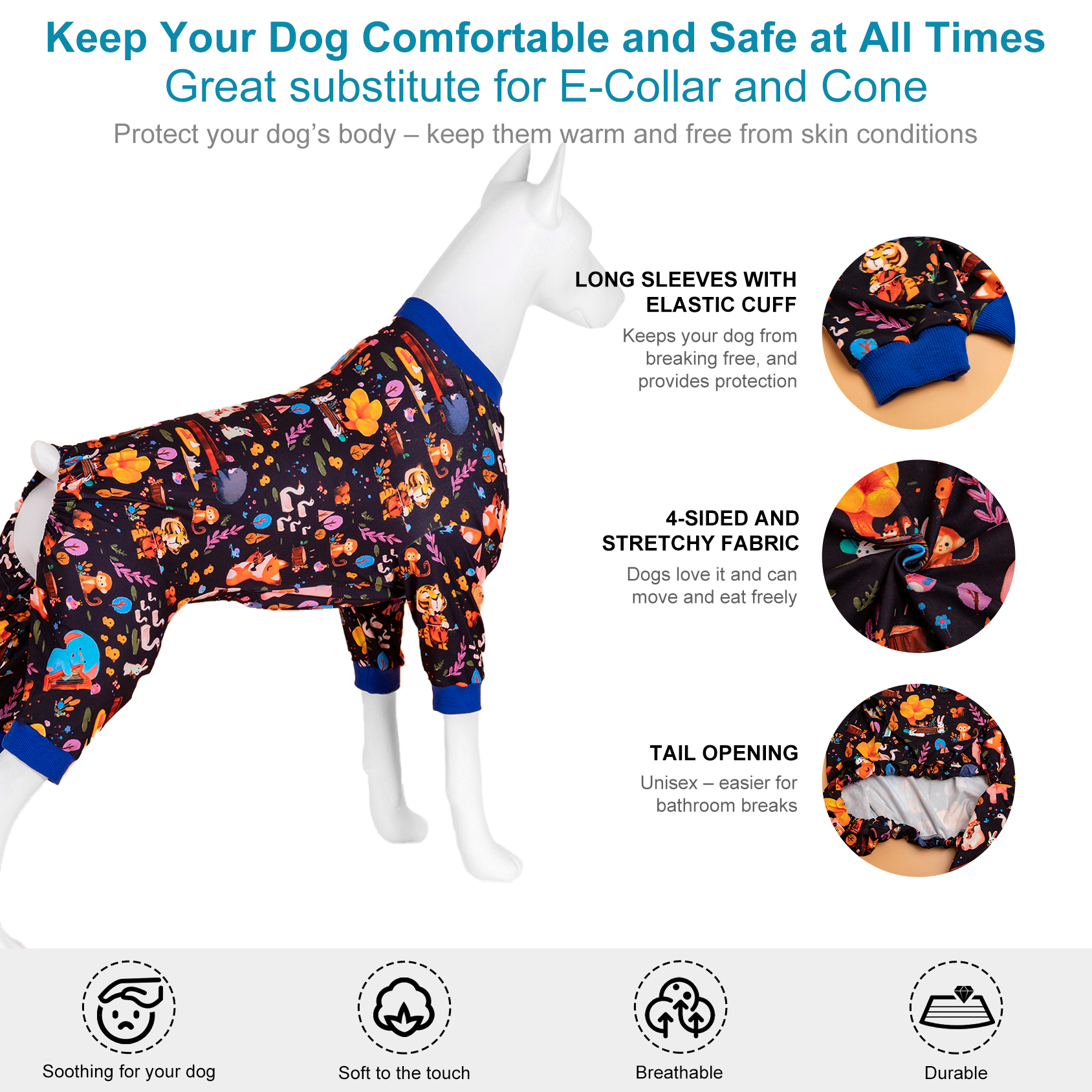 LovinPet Large Dog Pajama - Whimsical Animal Print with Foxes and Bears