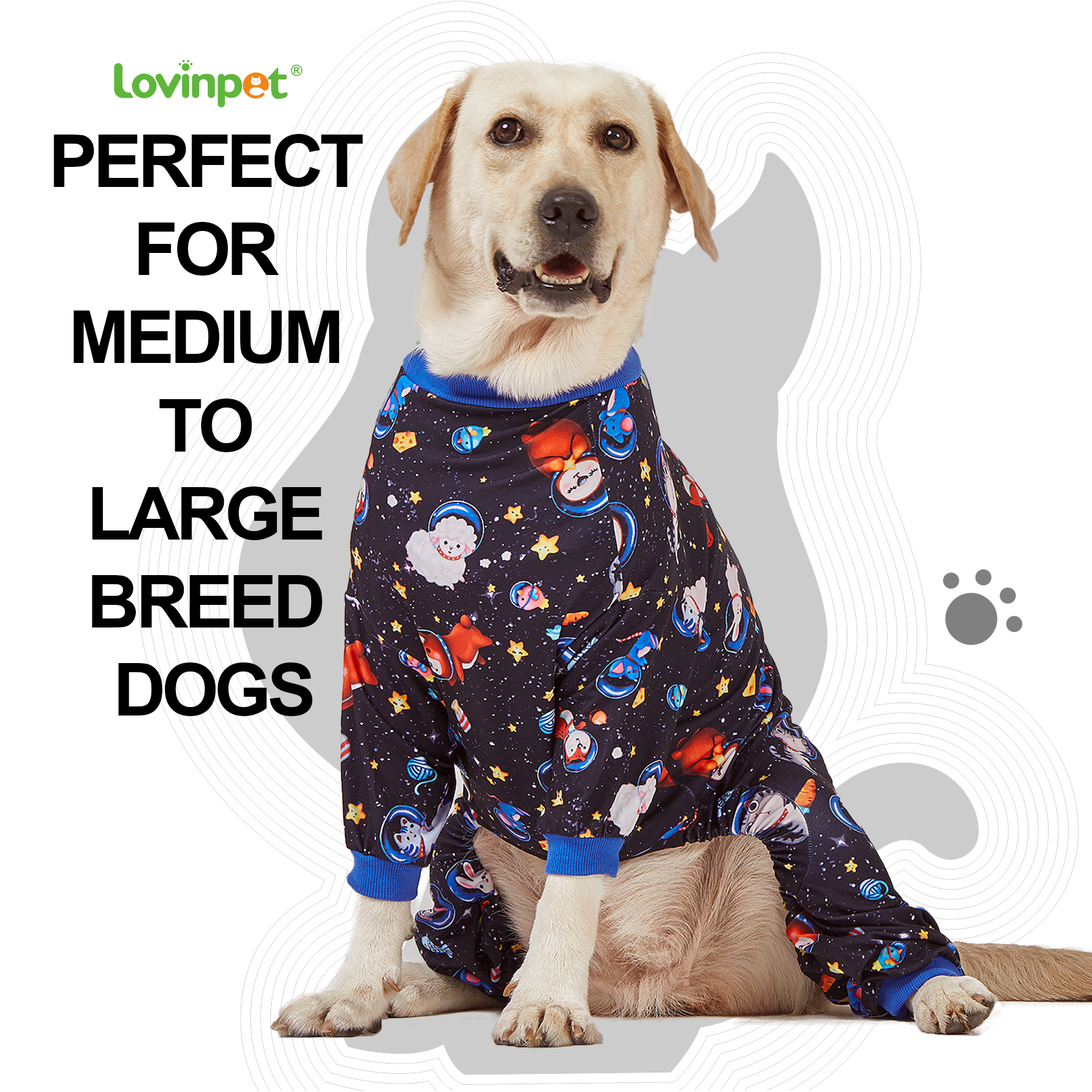 LovinPet Large Dog Pajamas Onesie - Space Animals for Big Breeds
