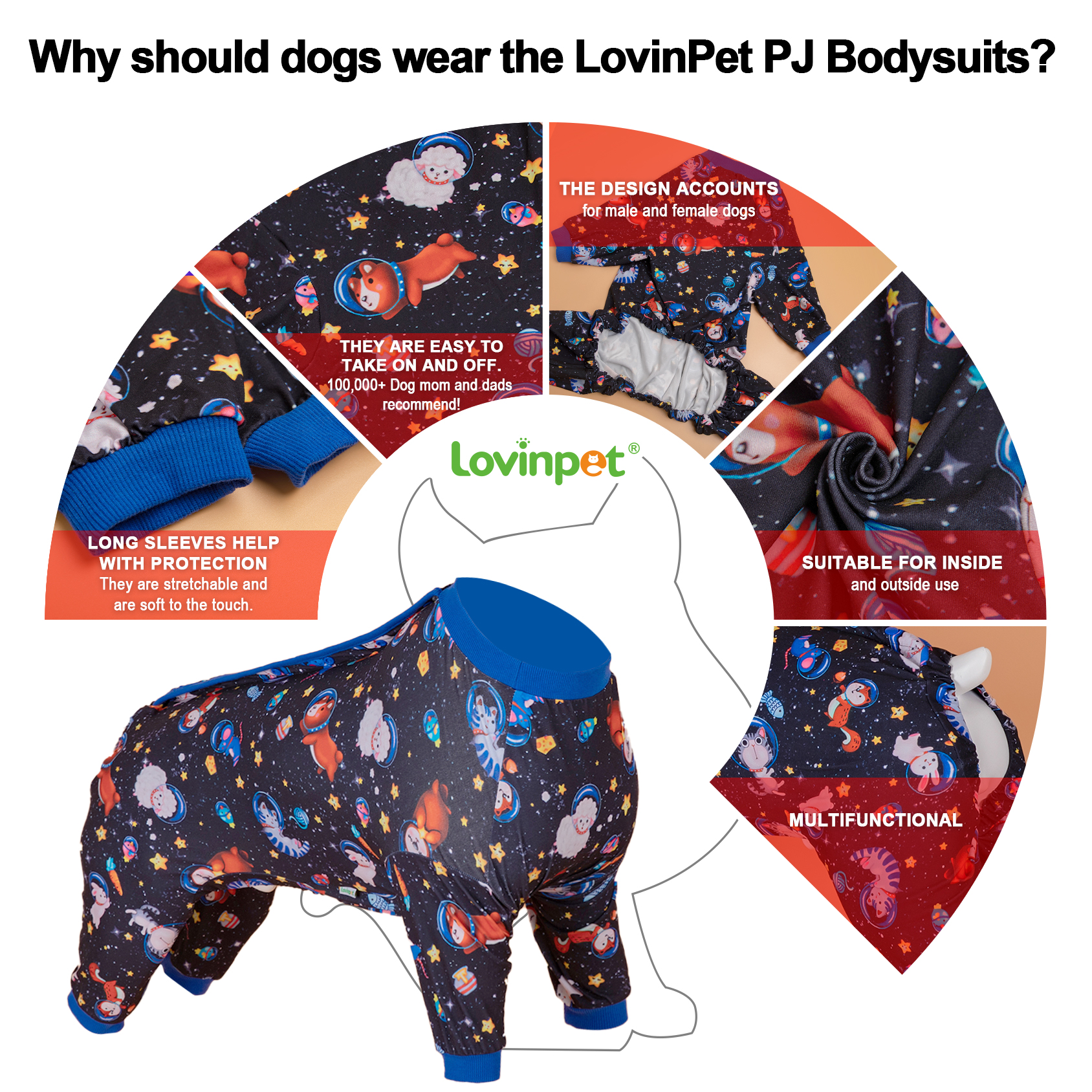 LovinPet Large Dog Pajamas Onesie - Space Animals for Big Breeds