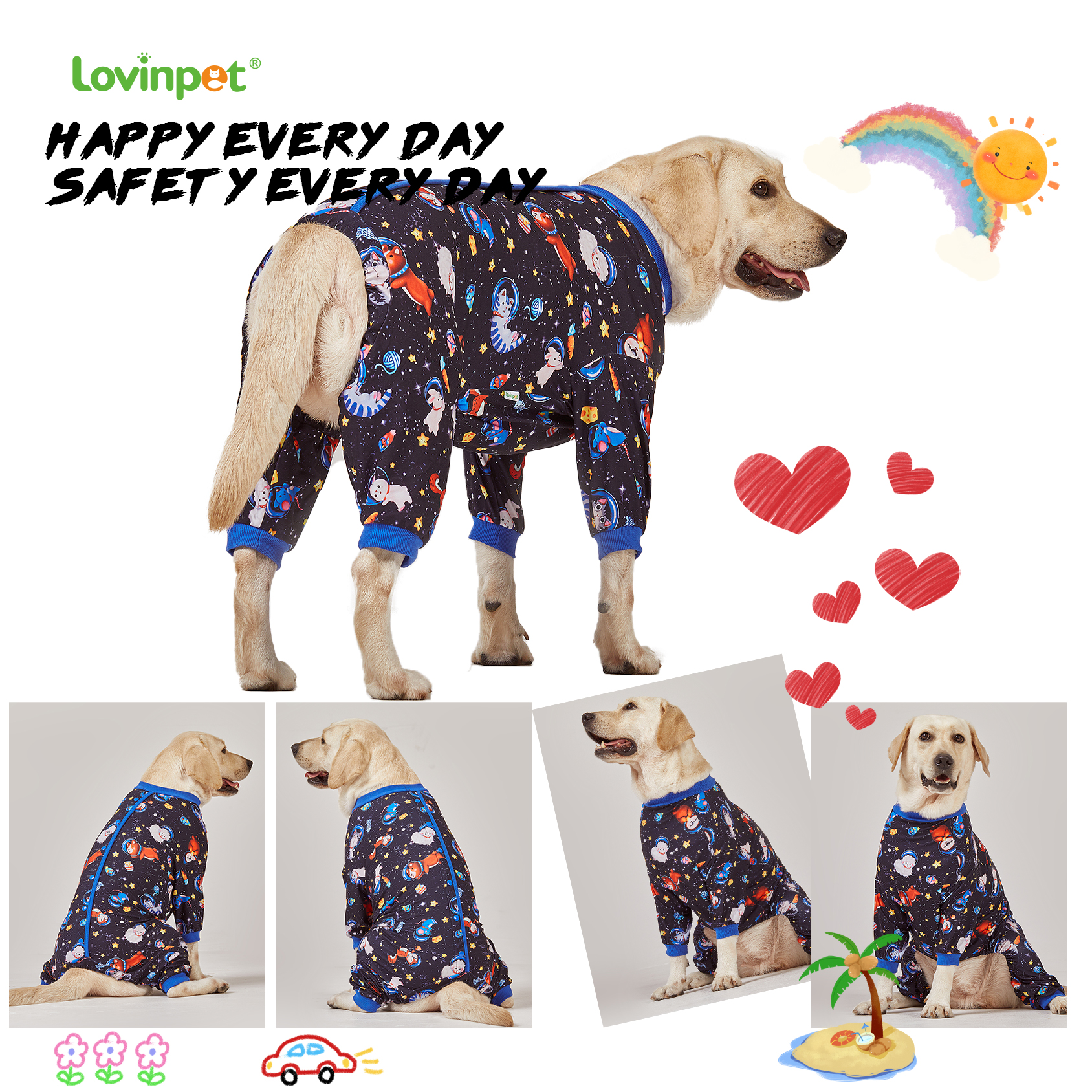 LovinPet Large Dog Pajamas Onesie - Space Animals for Big Breeds
