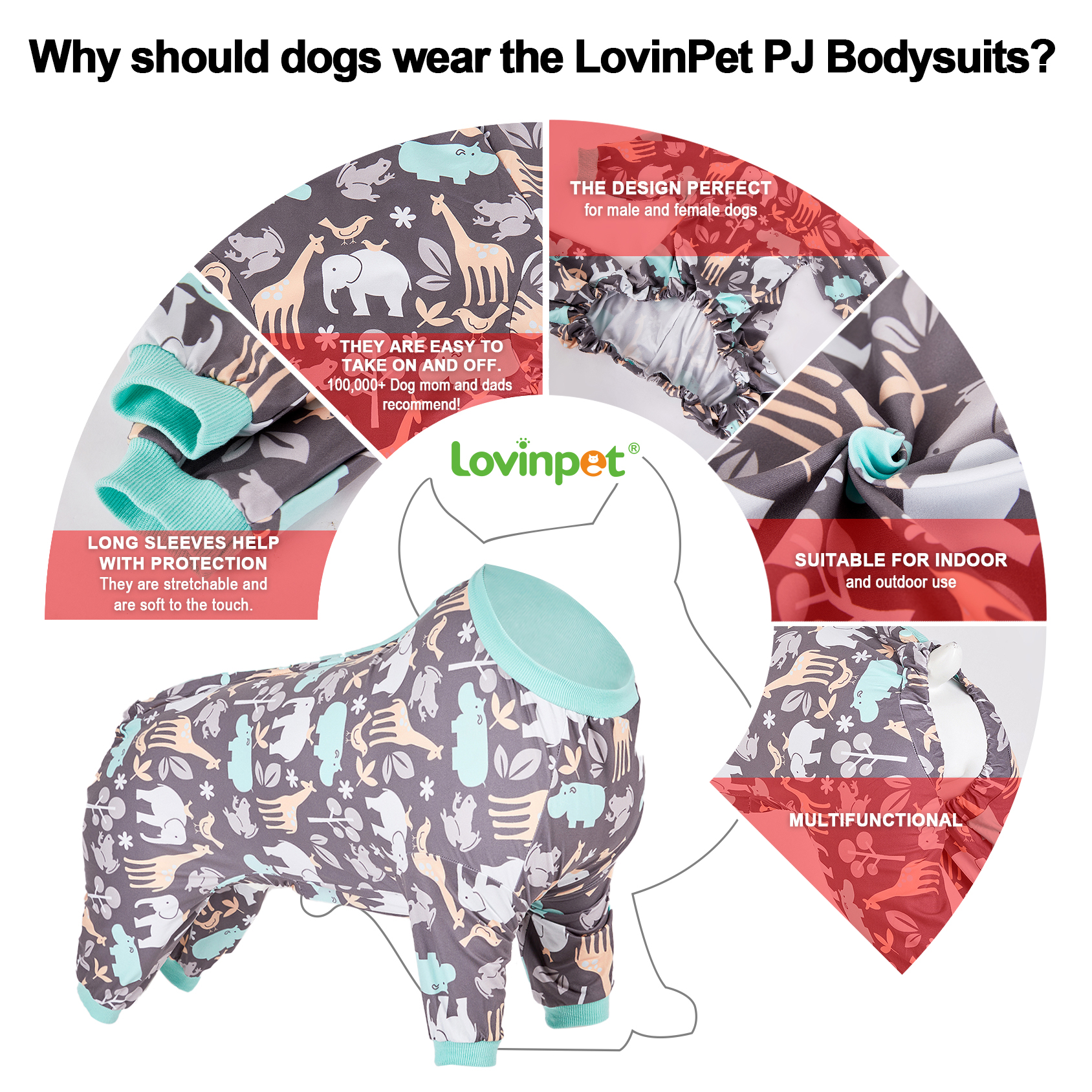 LovinPet Large Dog Clothes, Hippos Zoo Cozy Dog Pajamas, Slim fit, Lightweight Pullover Pajamas/Full Coverage Dog pjs/Back Snap Button is only decoration & reinforce