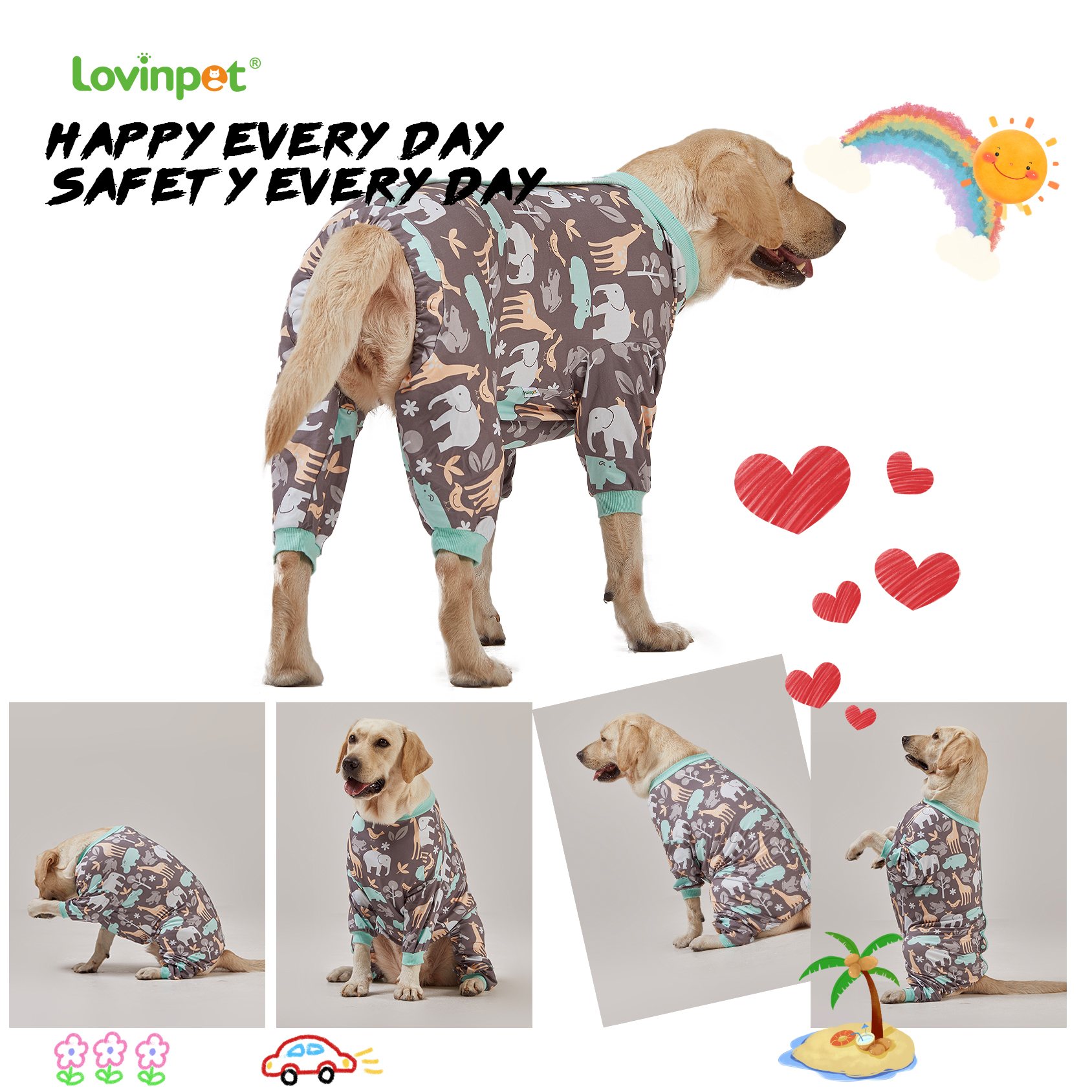 LovinPet Large Dog Clothes, Hippos Zoo Cozy Dog Pajamas, Slim fit, Lightweight Pullover Pajamas/Full Coverage Dog pjs/Back Snap Button is only decoration & reinforce