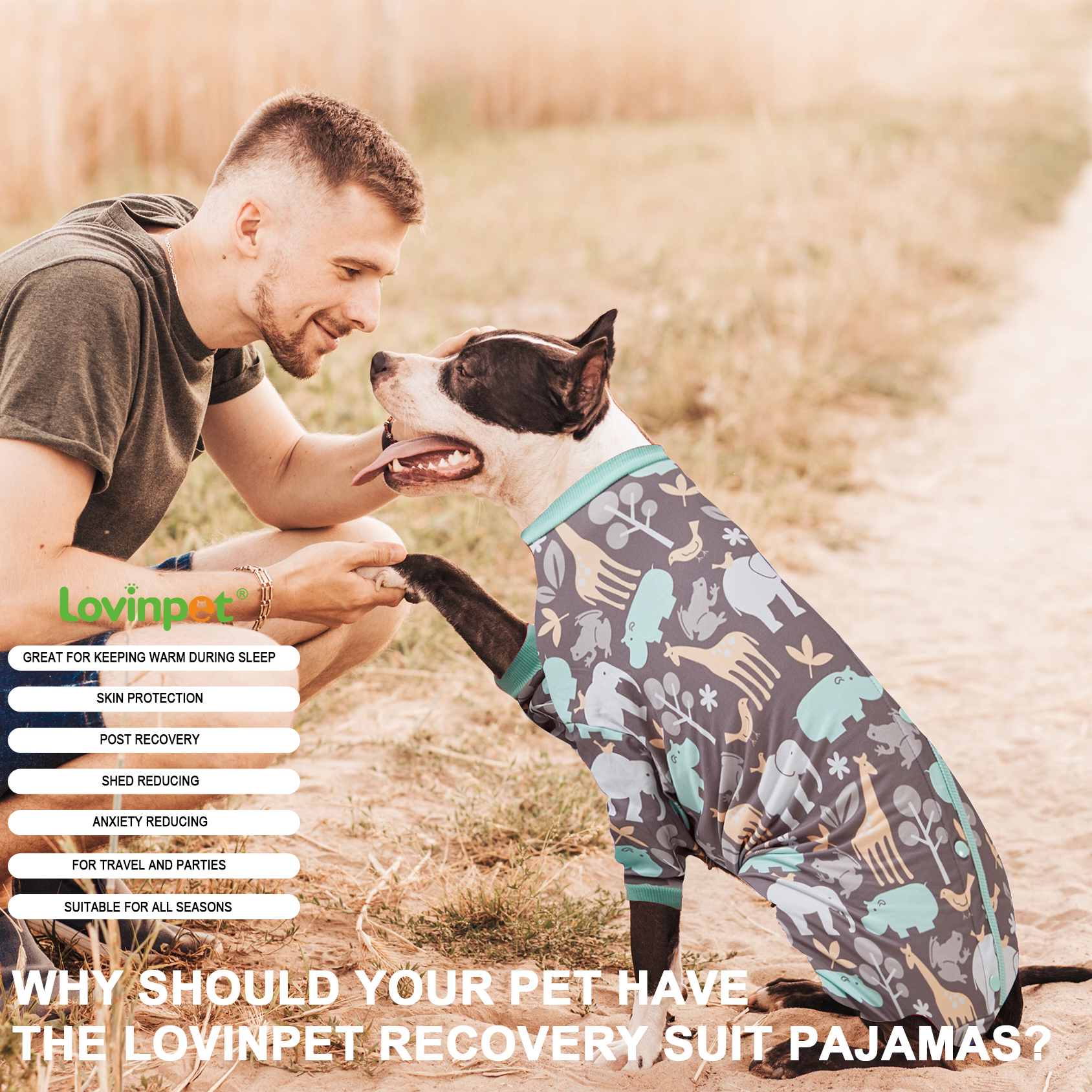 LovinPet Large Dog Clothes, Hippos Zoo Cozy Dog Pajamas, Slim fit, Lightweight Pullover Pajamas/Full Coverage Dog pjs/Back Snap Button is only decoration & reinforce