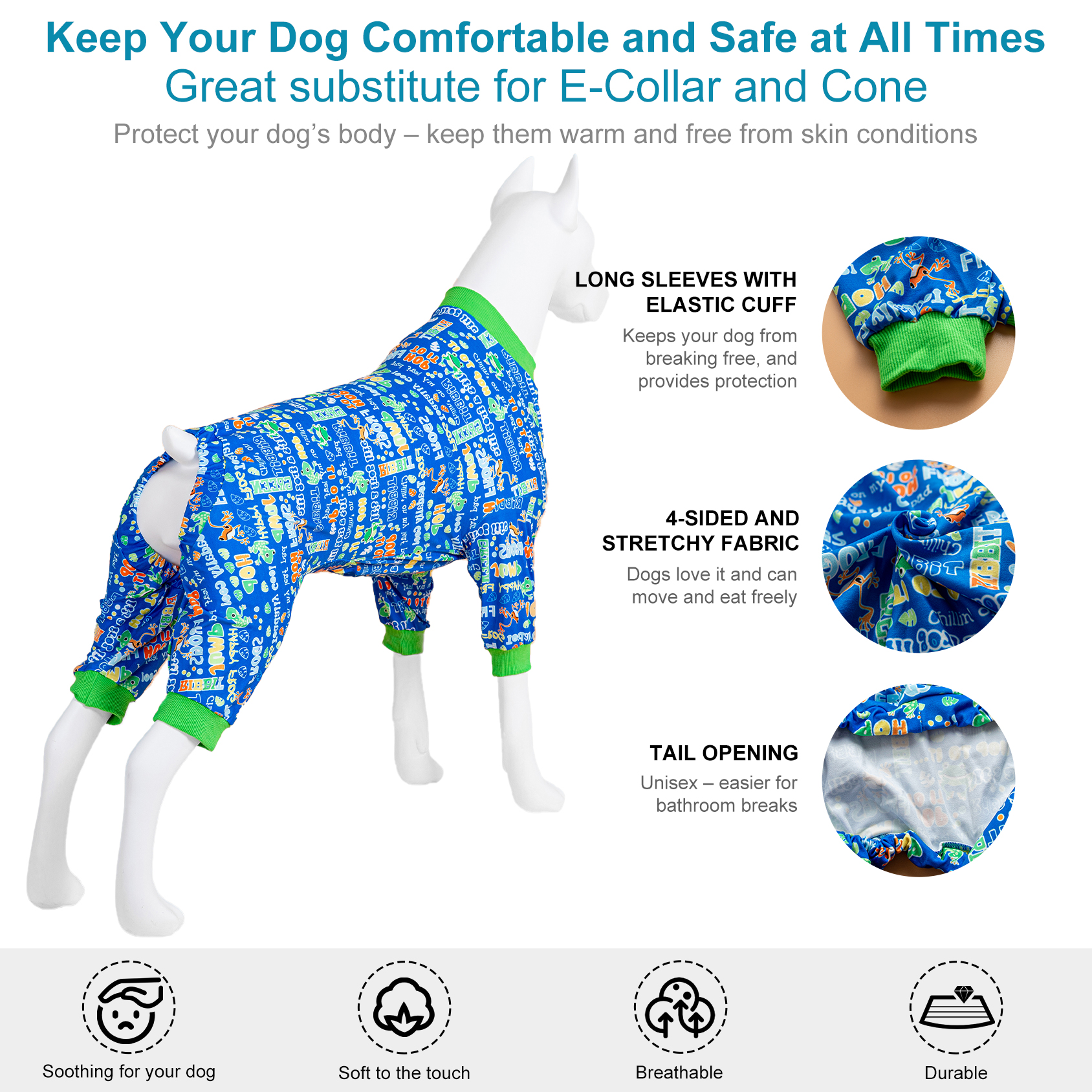 LovinPet Large Dog Jumpsuit Pajama - Playful Word Print Pajamas for Large Dogs
