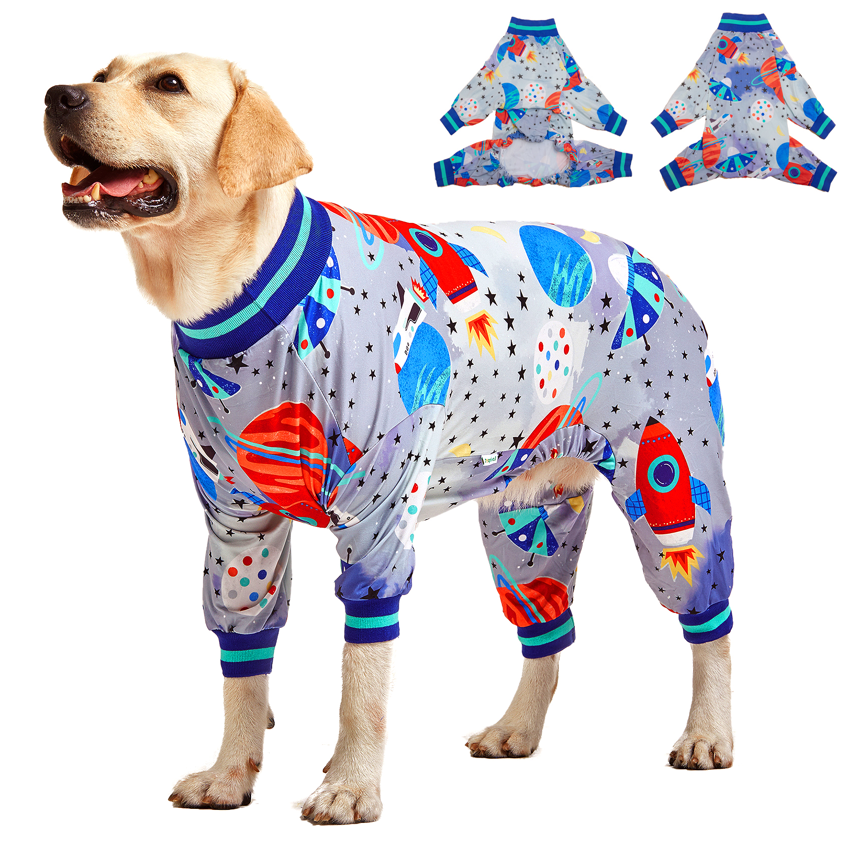LovinPet Large Dog Pajama - Space Rocket Design Full-Body Pajamas with Blue Accents