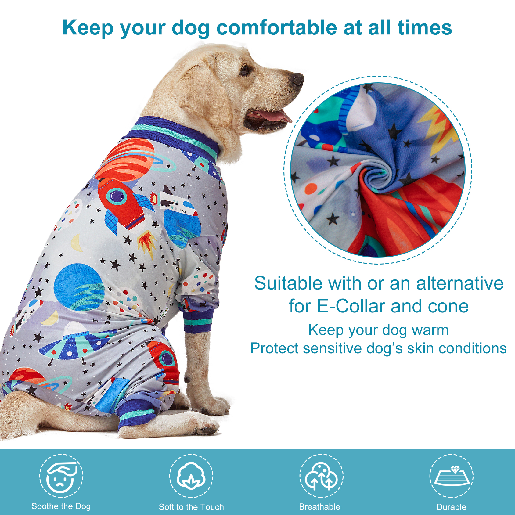 LovinPet Large Dog Pajama - Space Rocket Design Full-Body Pajamas with Blue Accents