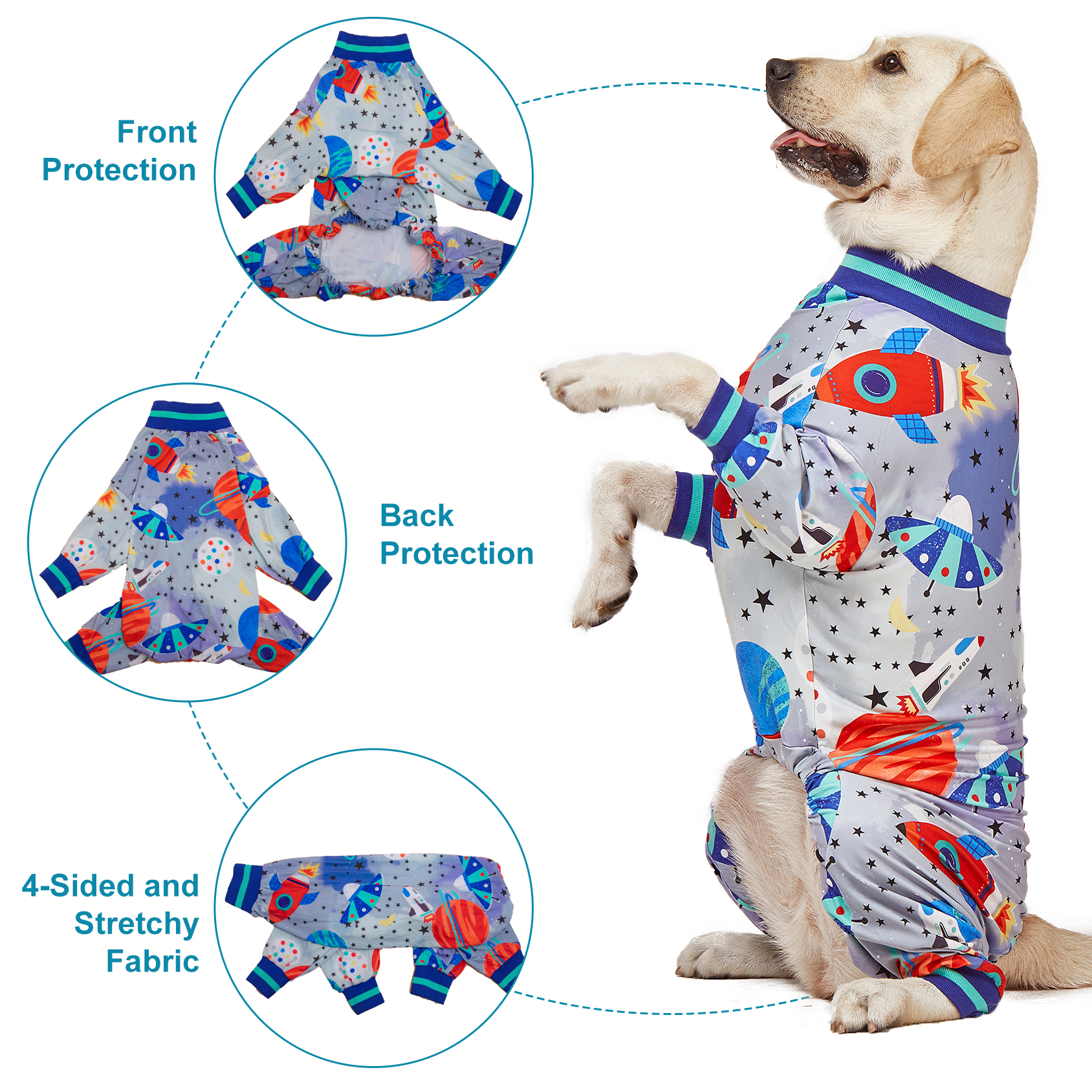 LovinPet Large Dog Pajama - Space Rocket Design Full-Body Pajamas with Blue Accents