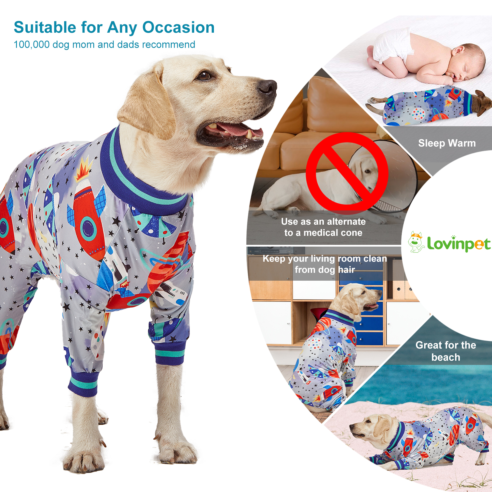 LovinPet Large Dog Pajama - Space Rocket Design Full-Body Pajamas with Blue Accents
