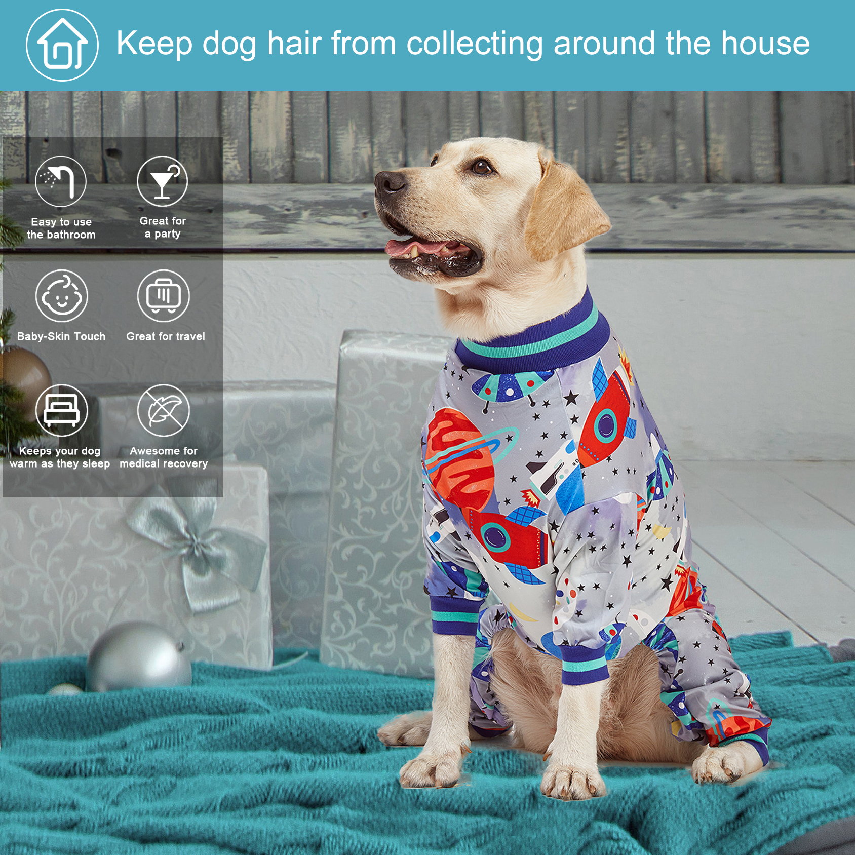 LovinPet Large Dog Pajama - Space Rocket Design Full-Body Pajamas with Blue Accents