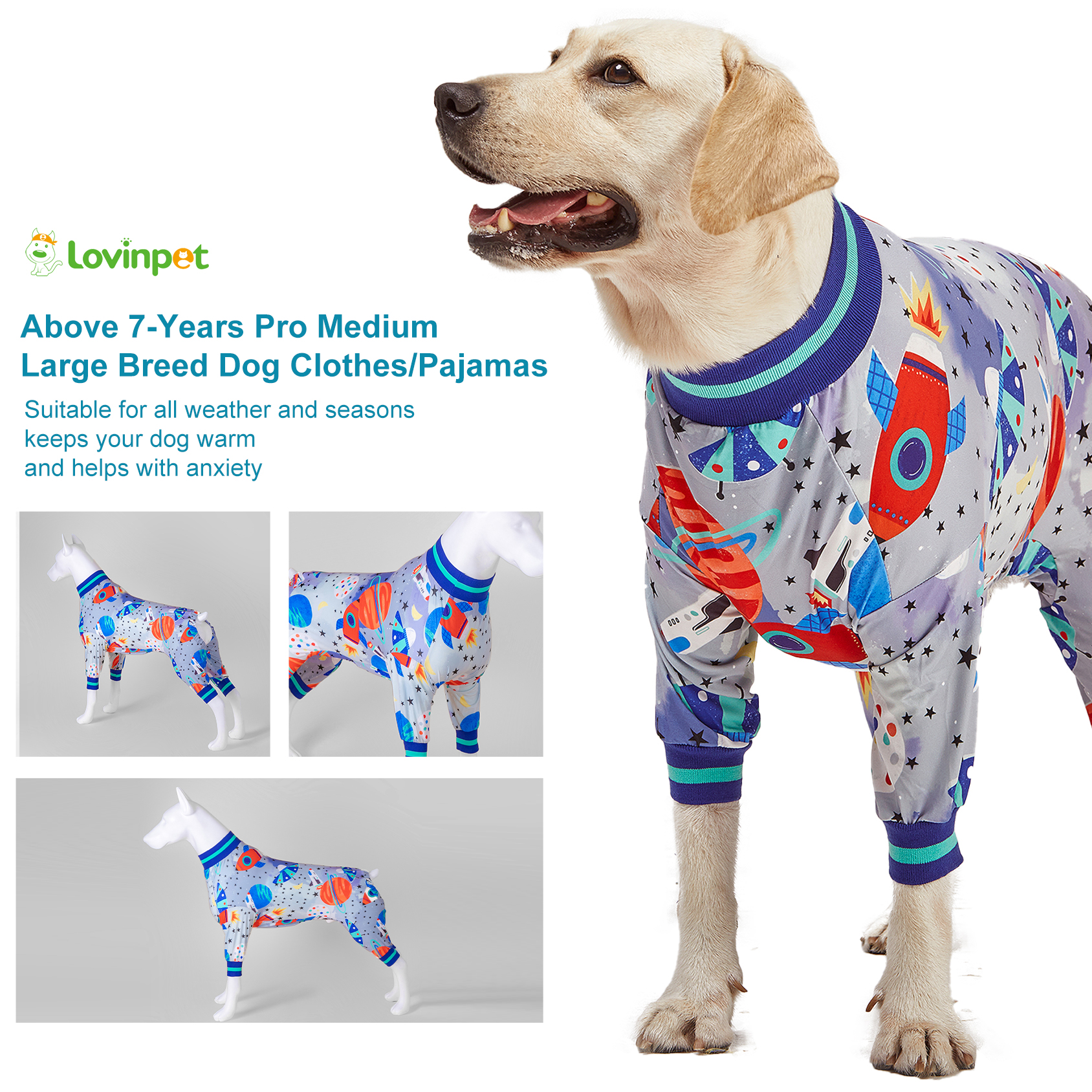 LovinPet Large Dog Pajama - Space Rocket Design Full-Body Pajamas with Blue Accents