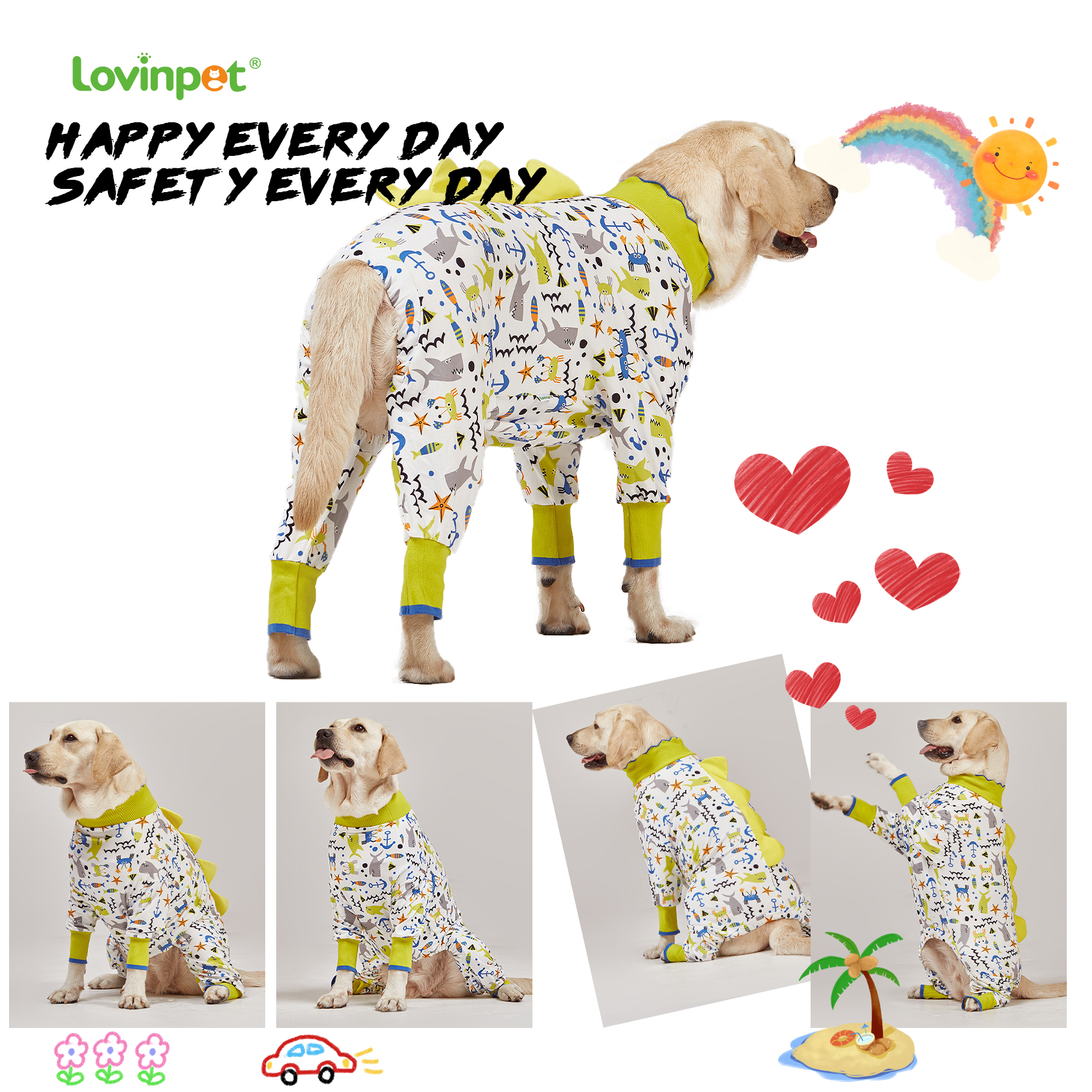 LovinPet Large Dog Pajama - Dino Sea Adventure with Spikes