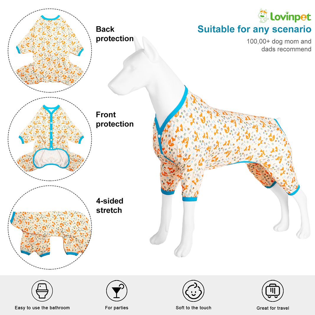 LovinPet Large Dog Pajama - Playful Fox Design Full-Body Pajamas with Blue Accents
