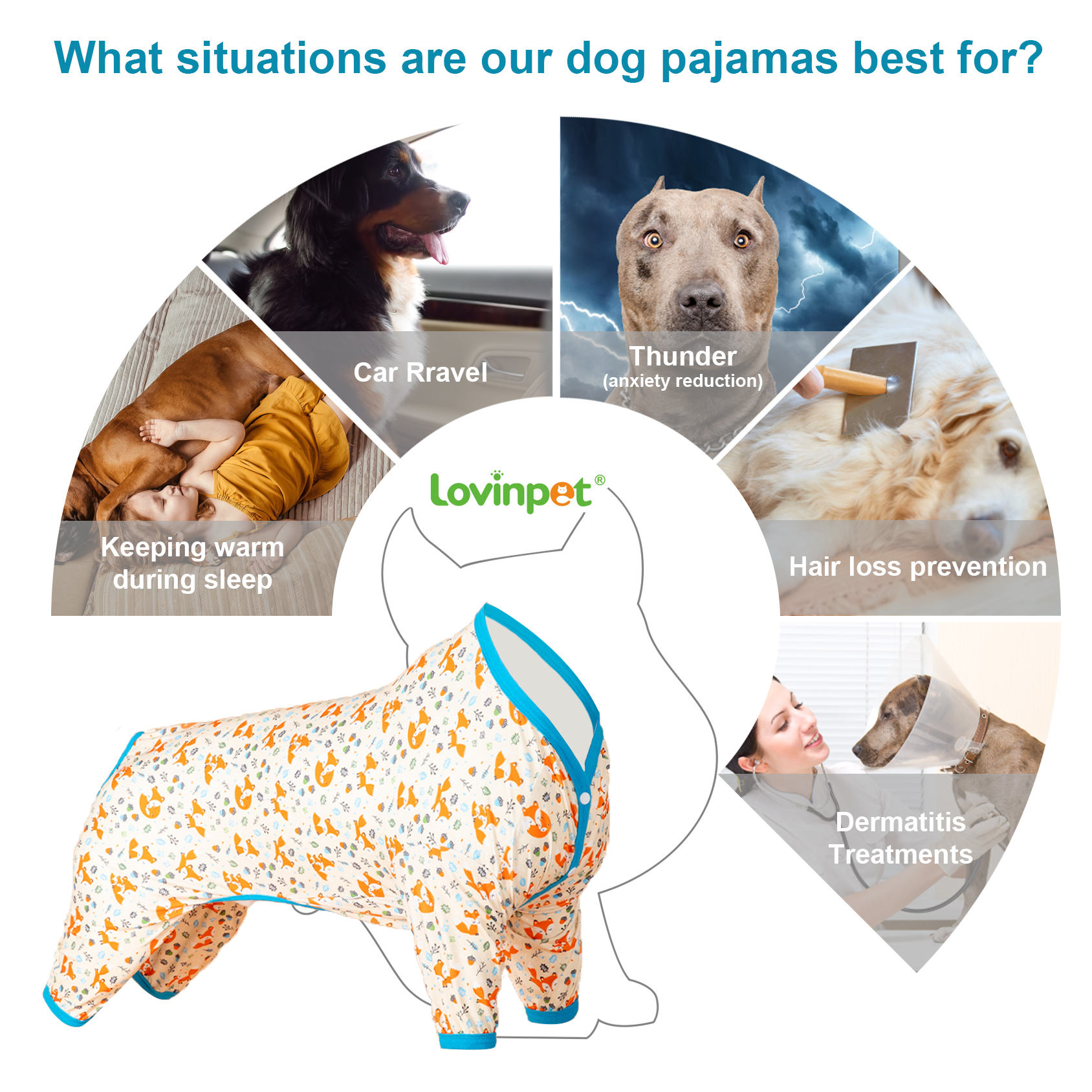 LovinPet Large Dog Pajama - Playful Fox Design Full-Body Pajamas with Blue Accents