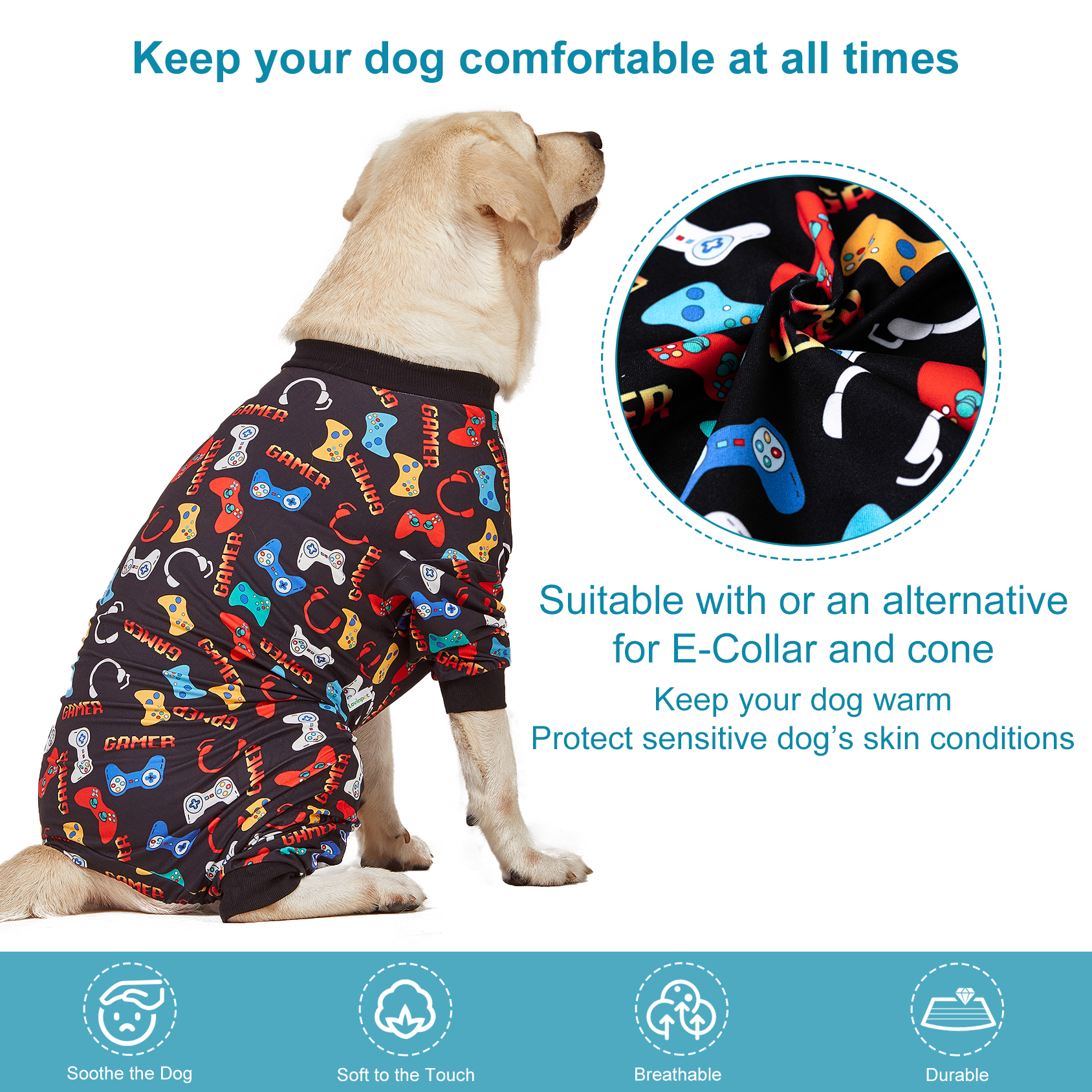 LovinPet Large Dog Pajamas Onesie - Gamer Video Game Controller Design for Big Breeds