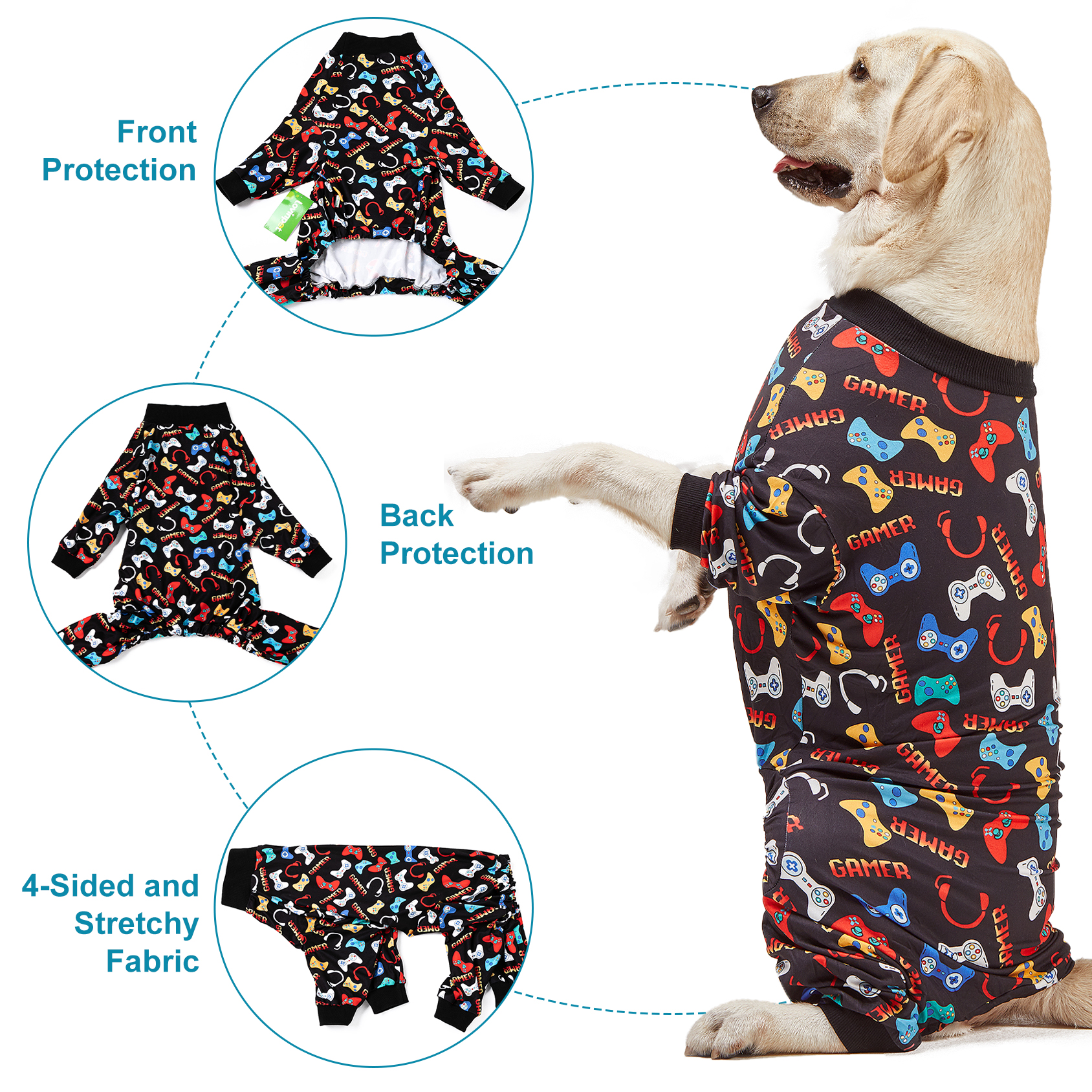 LovinPet Large Dog Pajamas Onesie - Gamer Video Game Controller Design for Big Breeds