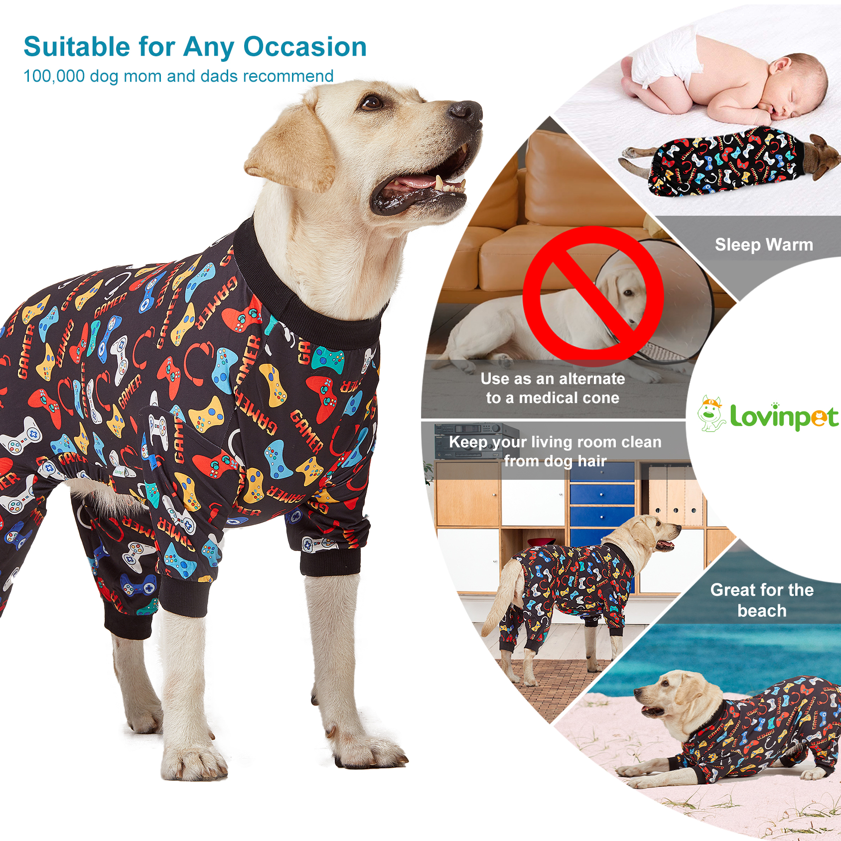 LovinPet Large Dog Pajamas Onesie - Gamer Video Game Controller Design for Big Breeds