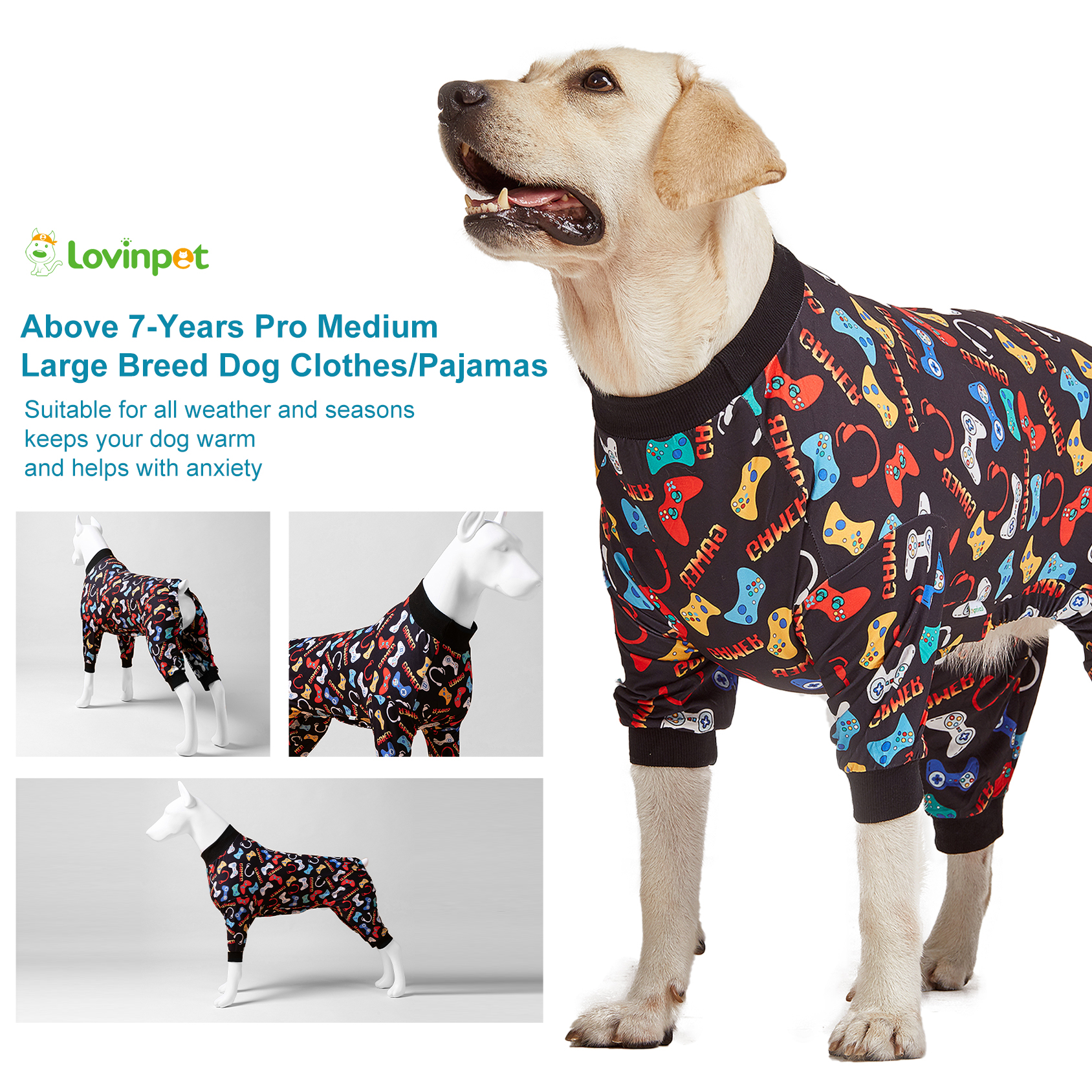LovinPet Large Dog Pajamas Onesie - Gamer Video Game Controller Design for Big Breeds